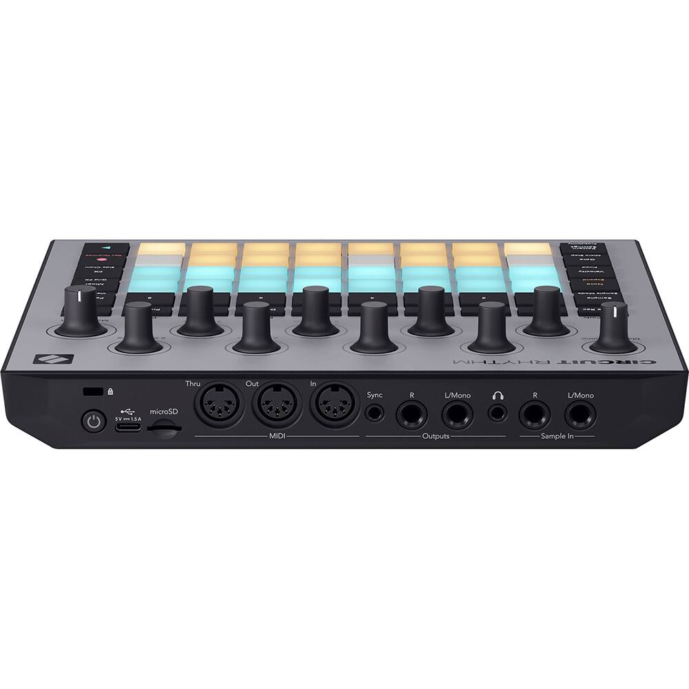 - Thru
- Out
- In
- Sync
- L/Mono
- R
- L/Mono
- microSD
- MIDI
- Sample In
- Outputs
