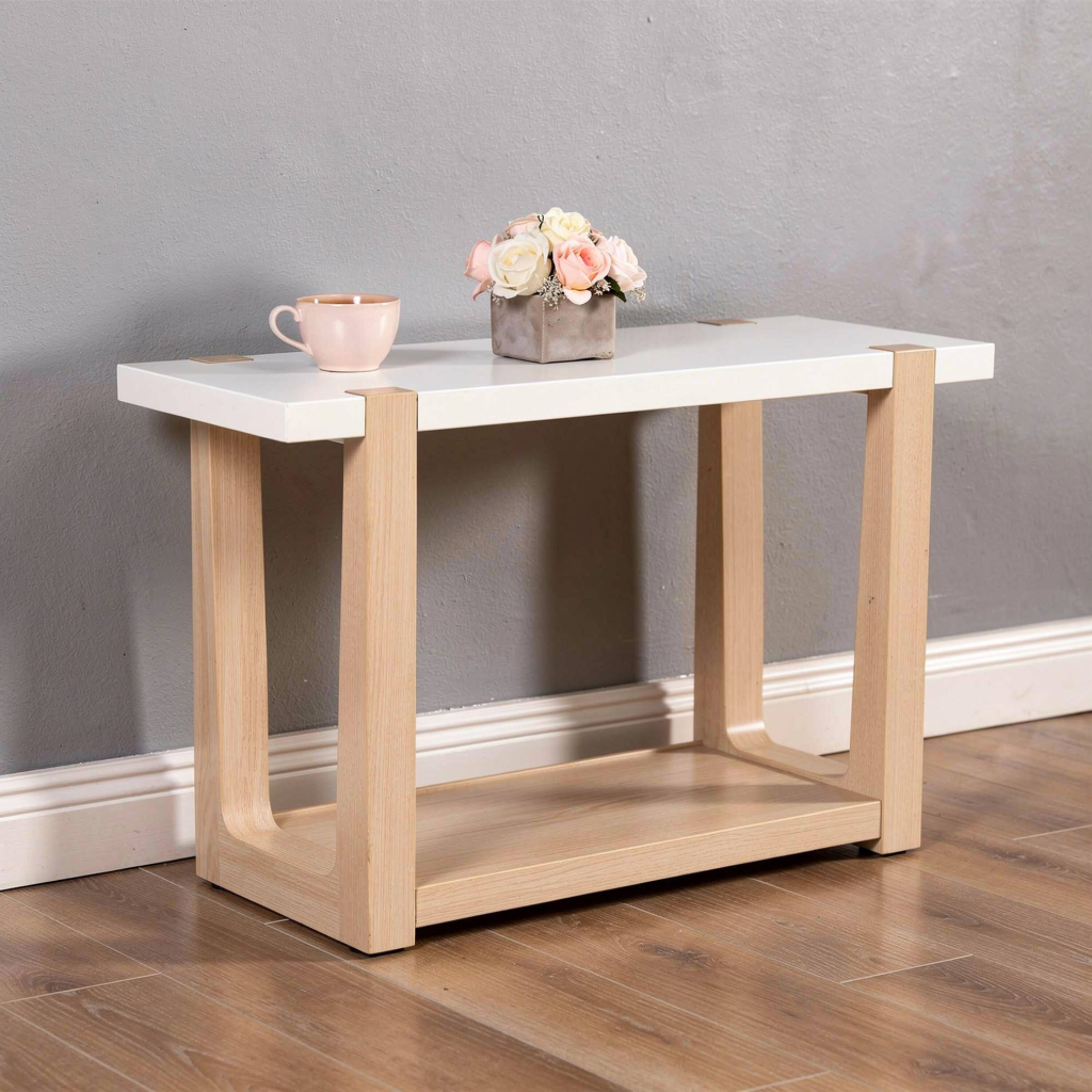 Alt View 5. Manhattan Lane - Sane Sofa Console Table, 50 Inch  Faux Marble Top with Shelf, - White, Natural Brown.