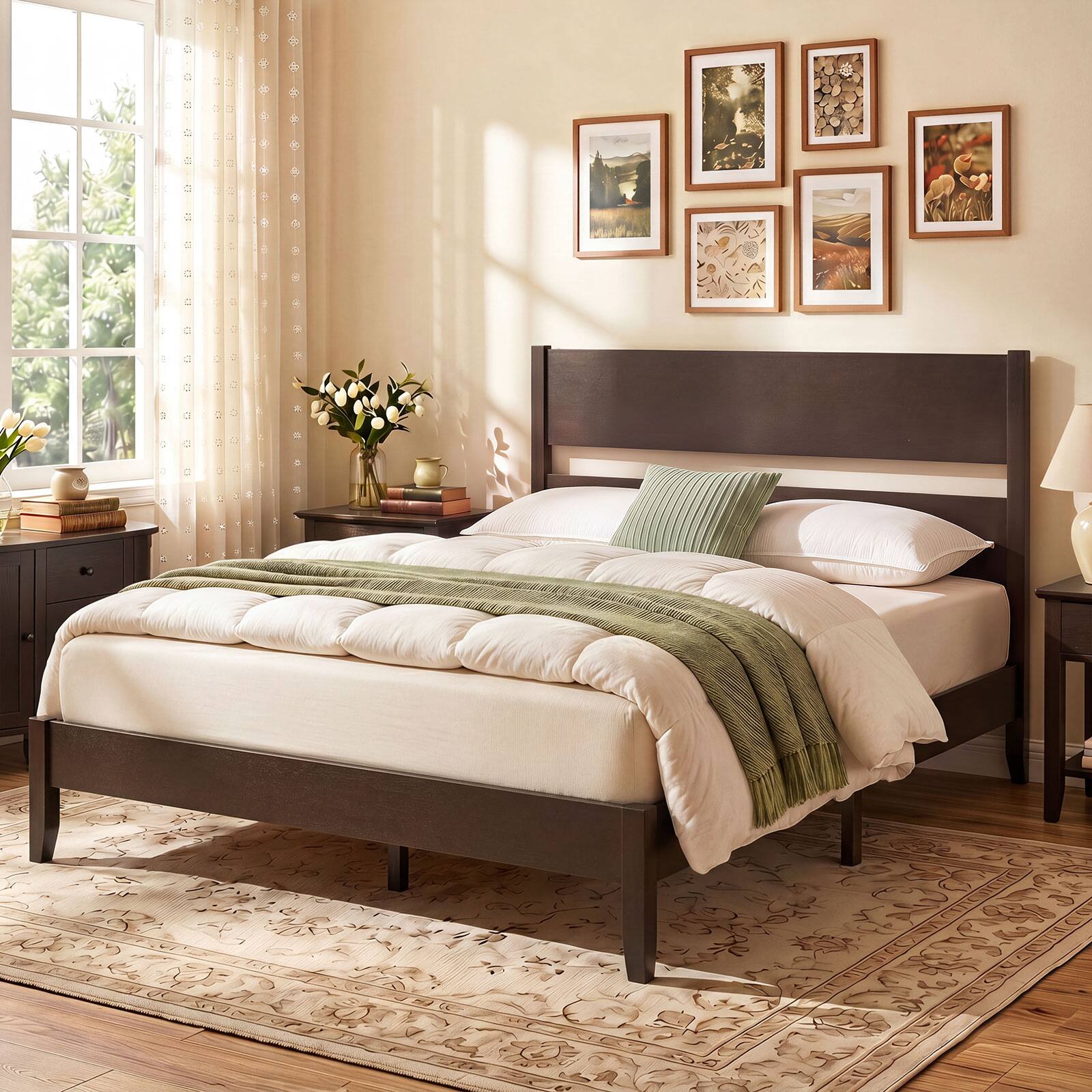 Alt View 3. Costway - Costway Full Bed Frame with Headboard, Solid Wood Legs, 12 Slats, No Box Spring Needed - Dark Walnut.