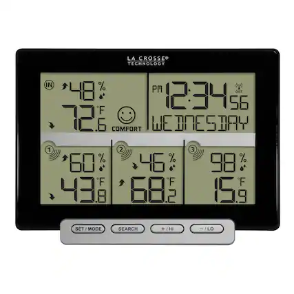 LA CROSSE TECHNOLOGY
PM 12:34:56 DST
WEDNESDAY
IN 48% 72.6°F COMFORT
1 60% 43.8°F
2 46% 68.2°F
3 98% 15.9°F
SET/MODE SEARCH +/HI -/LO