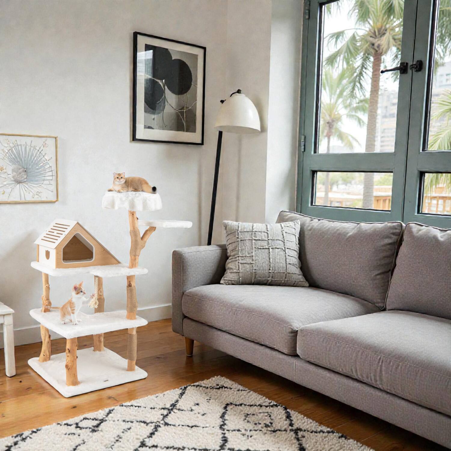 Front. BreeBe - Tall 60-Inch Wooden Cat Tree Featuring Two Elevated Perches - White.