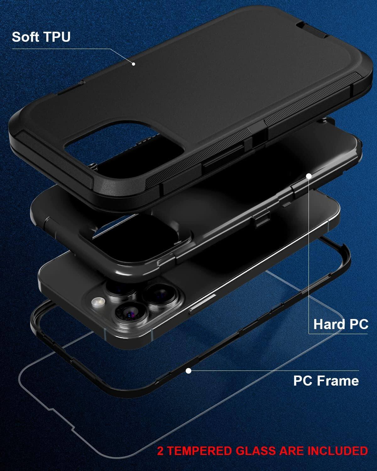 Soft TPU, Hard PC, PC Frame, 2 TEMPERED GLASS ARE INCLUDED