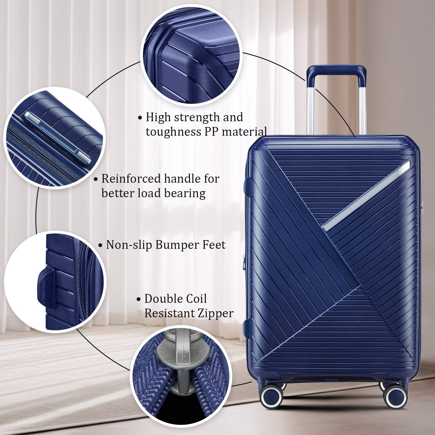 - High strength and toughness PP material
- Reinforced handle for better load bearing
- Non-slip Bumper Feet
- Double Coil Resistant Zipper