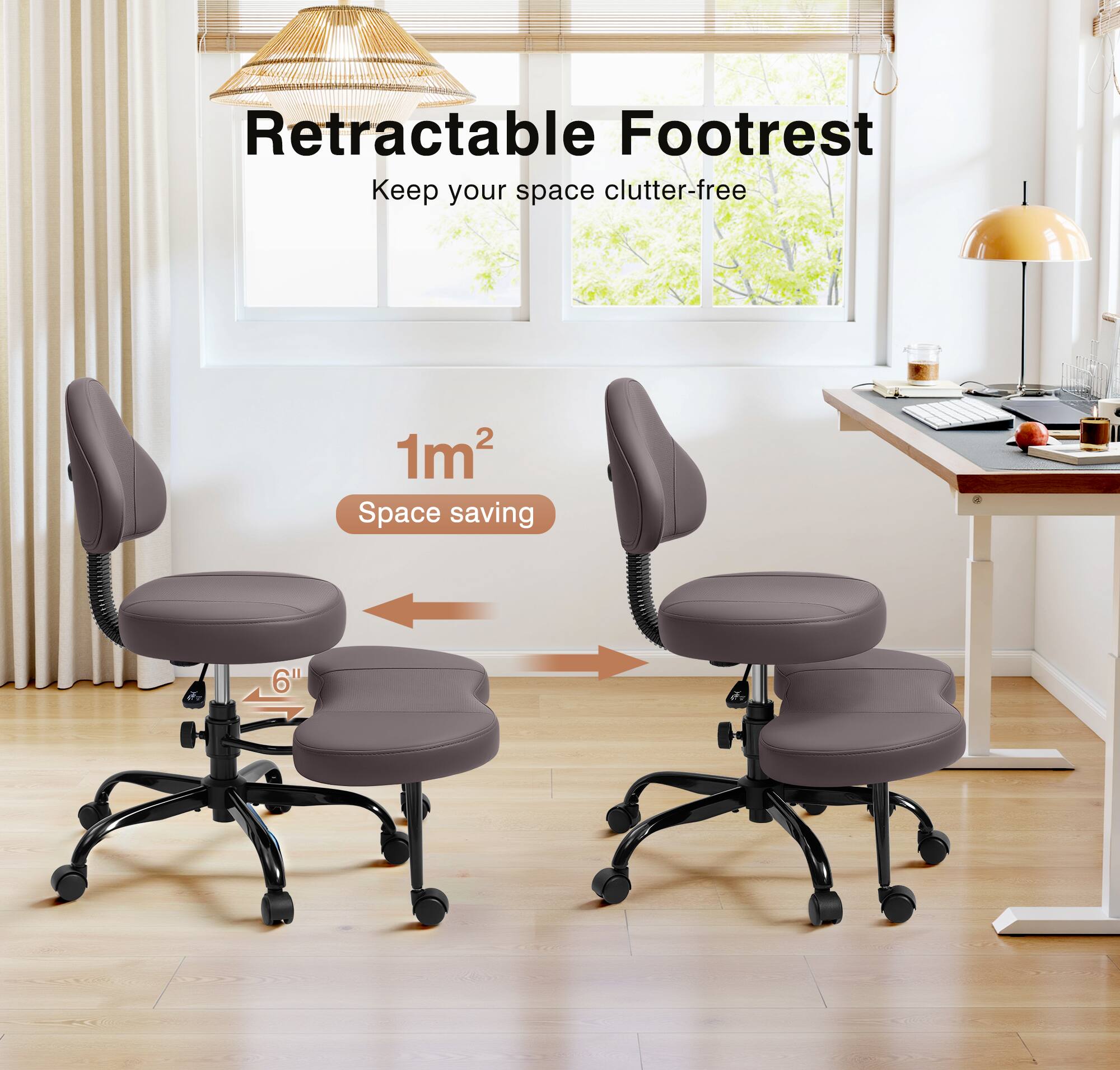 Retractable Footrest  
Keep your space clutter-free  

1m²  
Space saving  

6"