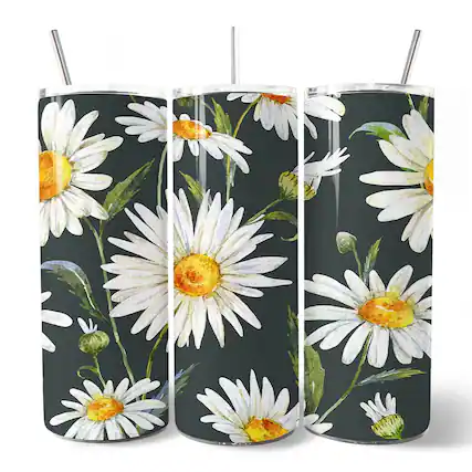 Front. OrnamentallyYou - White Daisy Flower Pattern 20oz Tumbler With Lid and Stainless Steel Straw - Multicolored.