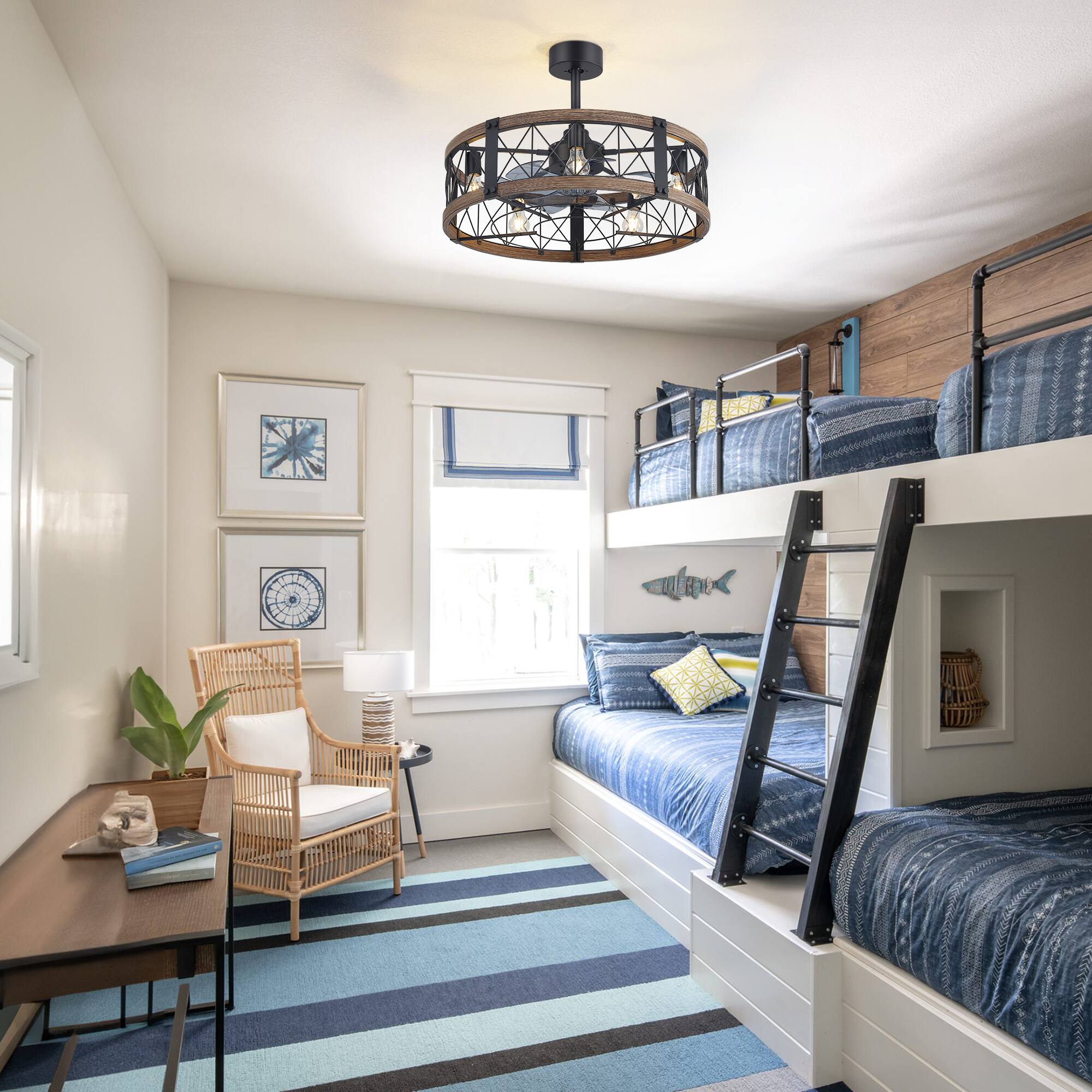 Back. Breezary - 28-Inch Ceiling Fan with 7 ABS Blades, 5-Light Cage Design, DC Motor, Reversible Mode, Timer, Remote, Downrod Mount - Black and White Oak.