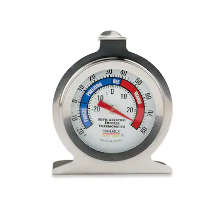 REFRIGERATOR/FREEZER THERMOMETER
MAVERICK
MADE IN CHINA
-30 -20 -10 0 10 20 30 40 50 60 70 80
FREEZING
REF.
WARM
FREEZE