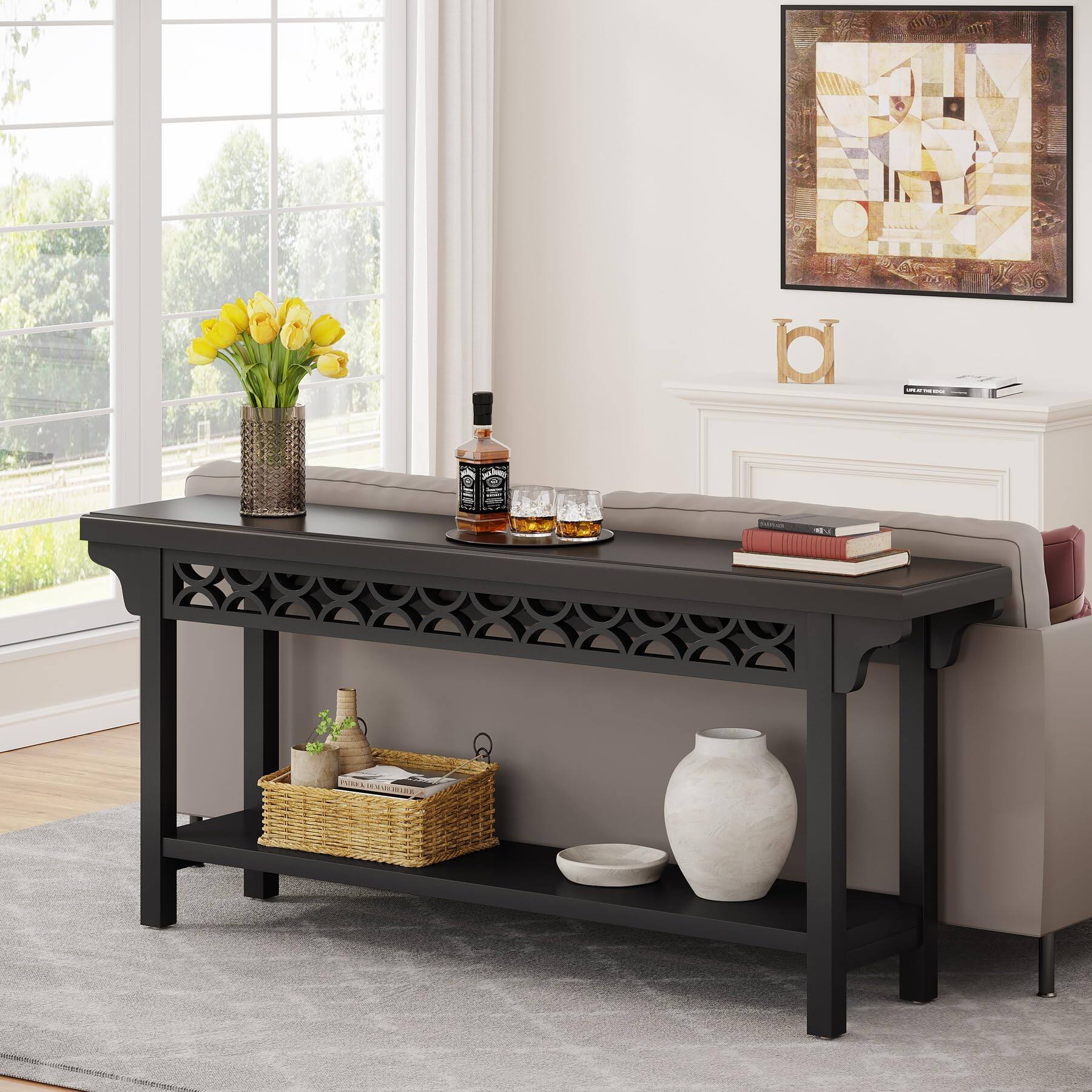 Back. Tribesigns - 70.8-Inch Solid Wood Long Console Table, Farmhouse Entryway Table with Storage, Narrow Sofa Table Grey Couch Table for L - Black.