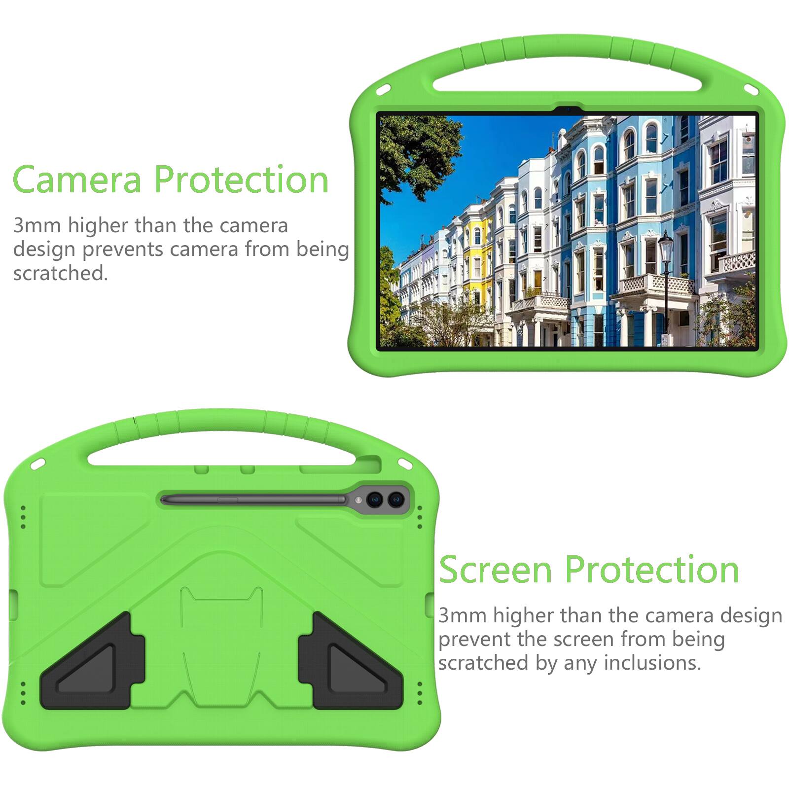 Camera Protection  
3mm higher than the camera design prevents camera from being scratched.  

Screen Protection  
3mm higher than the camera design prevent the screen from being scratched by any inclusions.