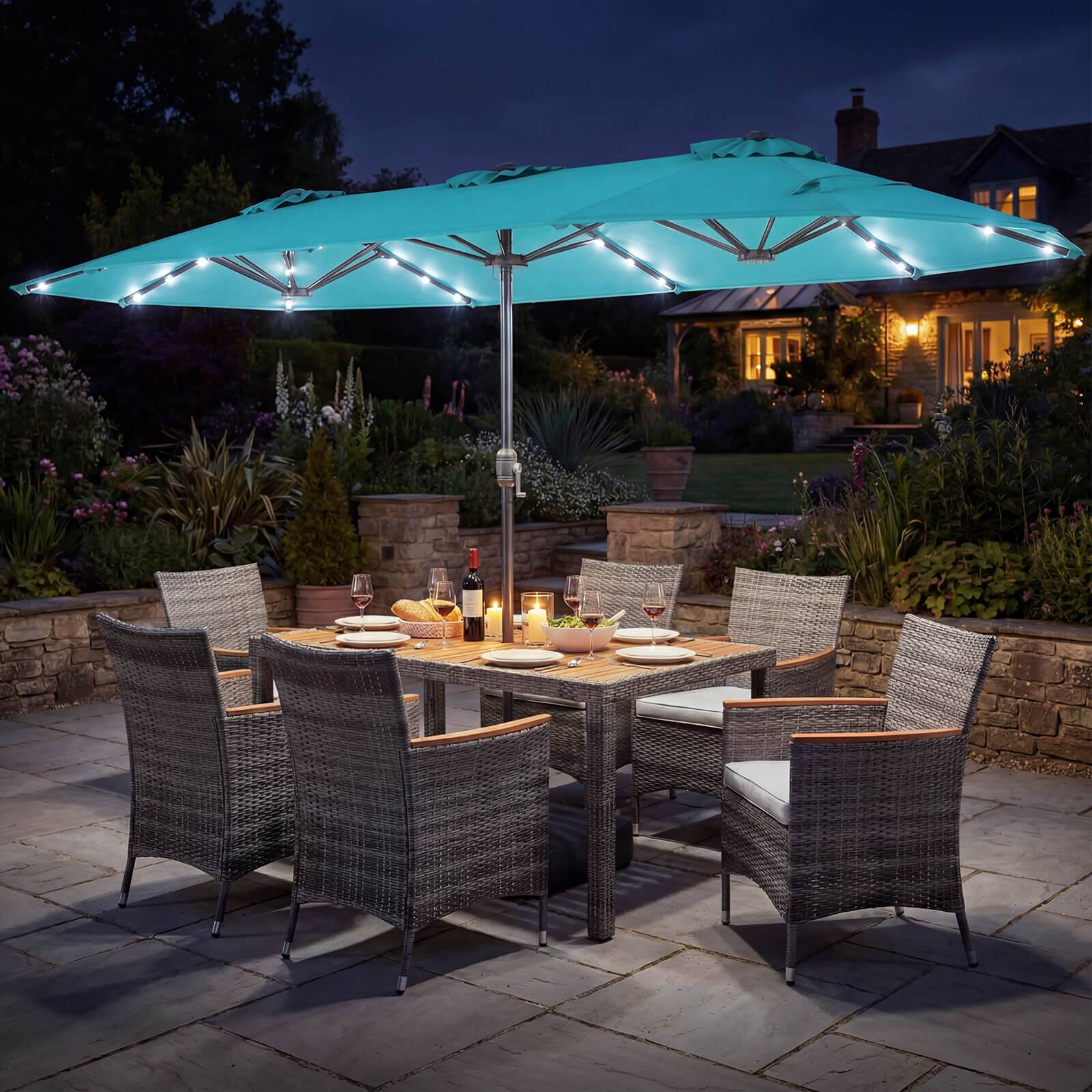 Alt View 1. Costway - Costway 8 PCS Outdoor Wicker Dining Furniture & Double-Sided Umbrella with Solar LED Lights - Turquoise+Mix Gray.