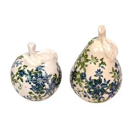Things2Die4 - Blue Floral Ceramic Fruit Figurines Apple and Pear Set 6.25 Inch - Green