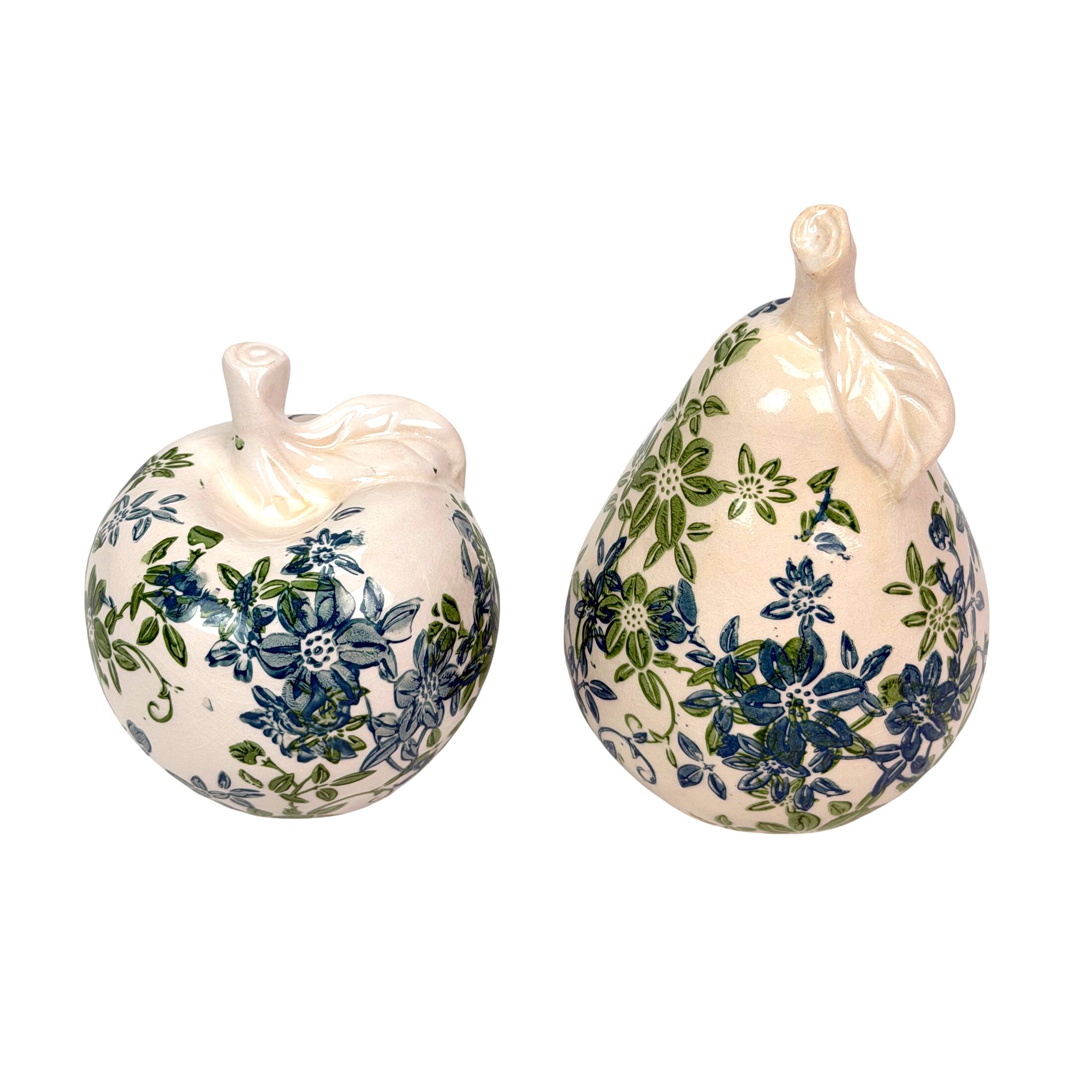 Front. Things2Die4 - Blue Green Floral Ceramic Fruit Figurines Apple and Pear Set 6.25 Inch - Green.
