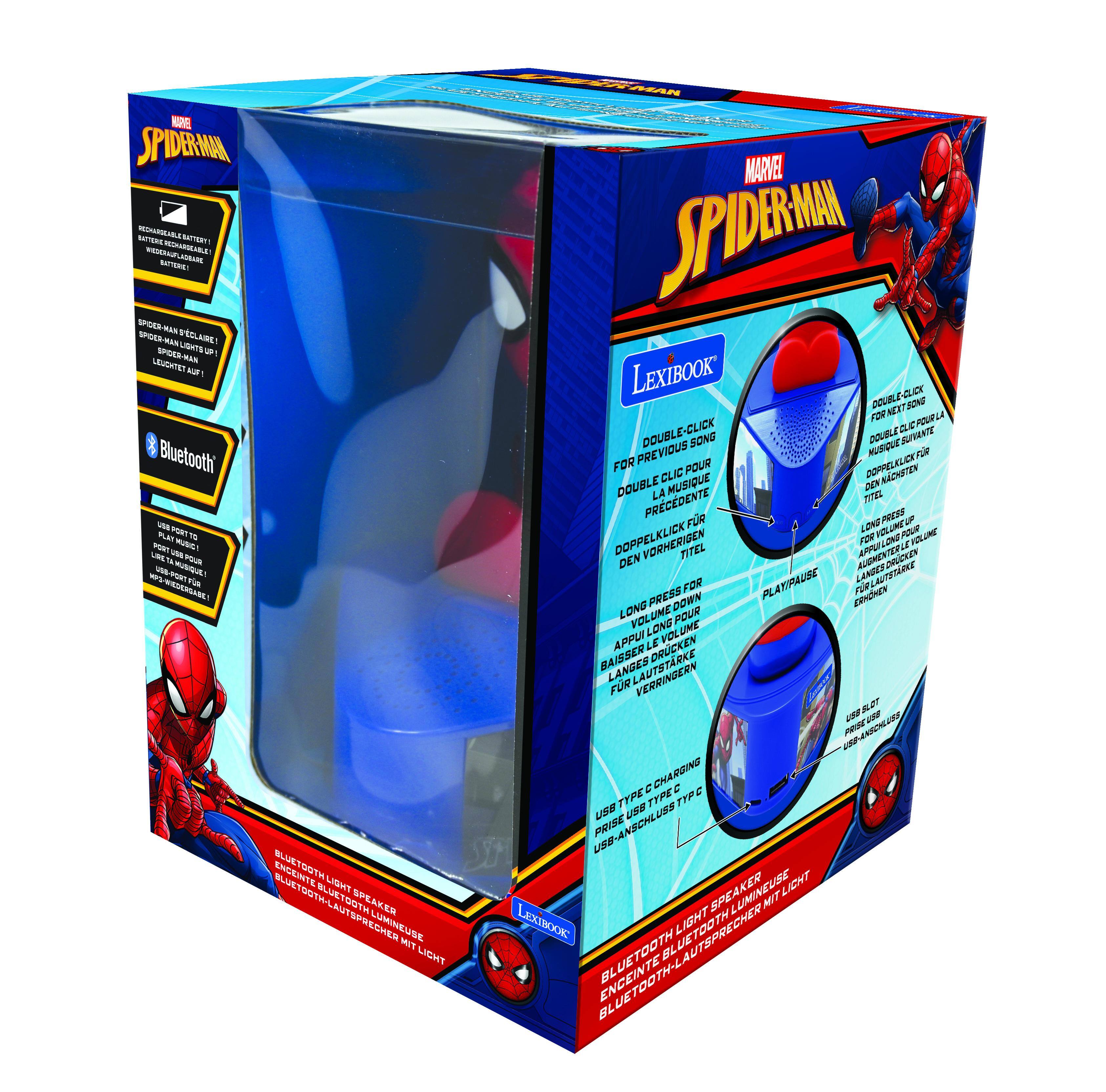 MARVEL SPIDER-MAN

LexiBook

- DOUBLE-CLICK FOR PREVIOUS SONG
- DOUBLE-CLICK POUR LA MUSIQUE PRÉCÉDENTE
- DOUBELKICK FÜR VORHERIGEN

- LONG PRESS FOR VOLUME DOWN
- APPUI LONG POUR DIMINUER LE VOLUME
- LANGES DRÜCKEN FÜR VERRINGERN

- PLAY/PAUSE
- PLAY/PAUSE
- PLAY/PAUSE

- USB PORT FOR CHARGING
- USB PORT FÜR LADEN

- USB TYPE C CHARGING
- USB-TYP C LADEN

- BLUETOOTH LIGHT SPEAKER
- BLUETOOTH-LAUTSPRECHER MIT LICHT
- BLUETOOTH-LUMINÉE

- BLUETOOTH LIGHT SPEAKER
- BLUETOOTH-LAUTSPRECHER MIT LICHT
- BLUETOOTH-LUMINÉE

- BLUETOOTH LIGHT SPEAKER
- BLUETOOTH-LAUTSPRECHER MIT LICHT
- BLUETOOTH-LUMINÉE

- BLUETOOTH LIGHT SPEAKER
- BLU