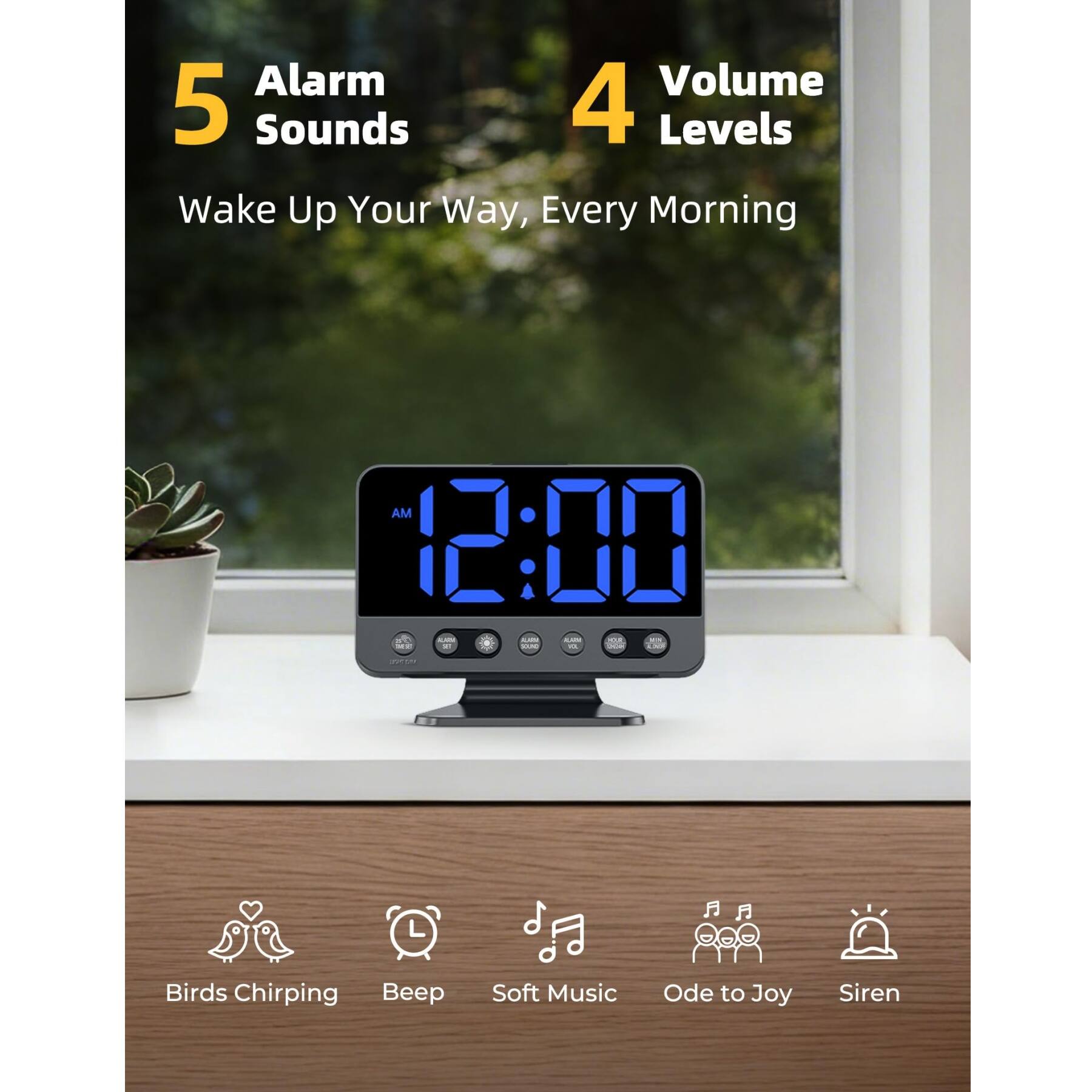 Alarm Volume 5 Sounds 4 Levels Wake Up Your Way, Every Morning AM 2:00 - : - aa L   Birds Chirping Beep Soft Music Ode to Joy Siren