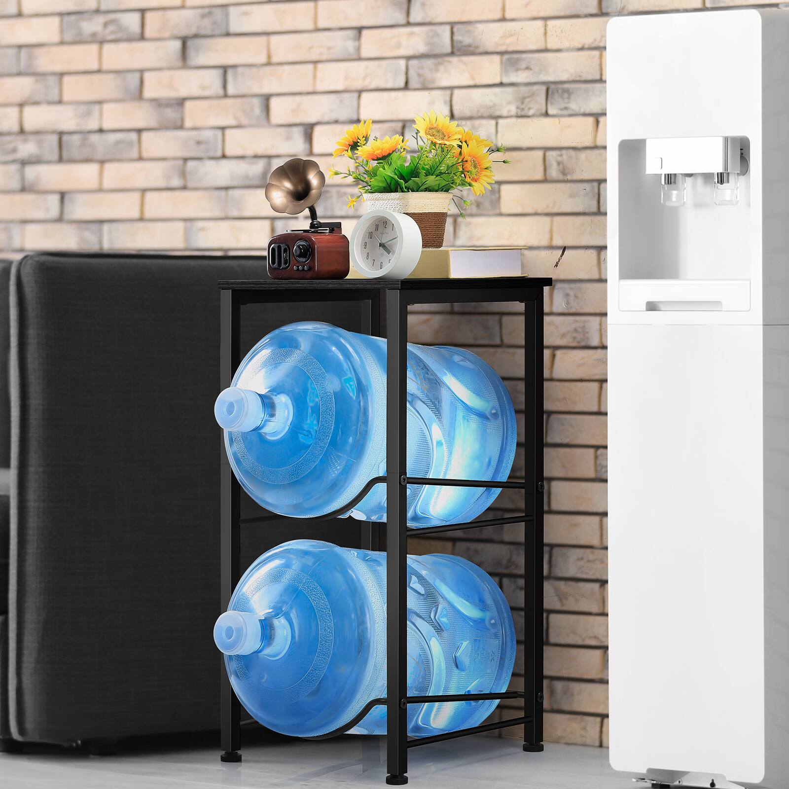 Alt View 1. Oumilen - 2-Tier Detachable Water Jug Storage Rack with Top Black Wood Shelf, 5 Gallon Water Bottle Holder for Small Space - Black.