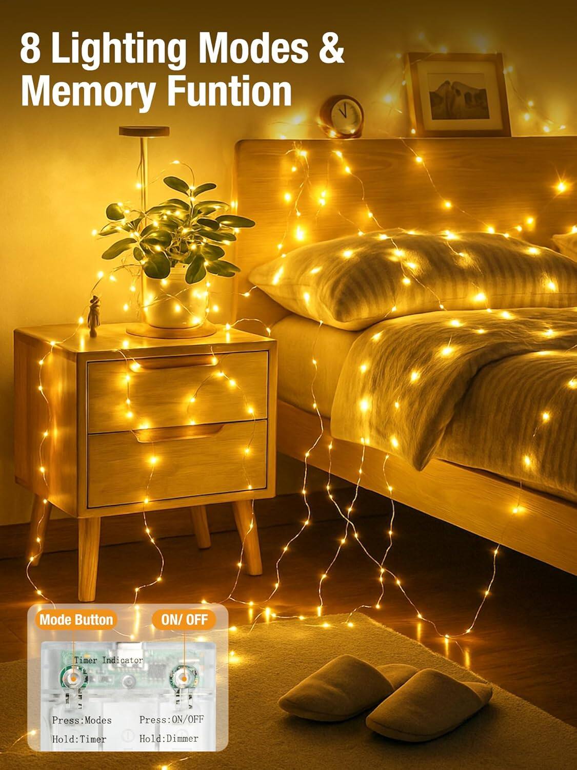 8 Lighting Modes & Memory Function

Mode Button
- Press: Modes
- Hold: Timer

ON/OFF
- Press: ON/OFF
- Hold: Dimmer

Timer Indicator