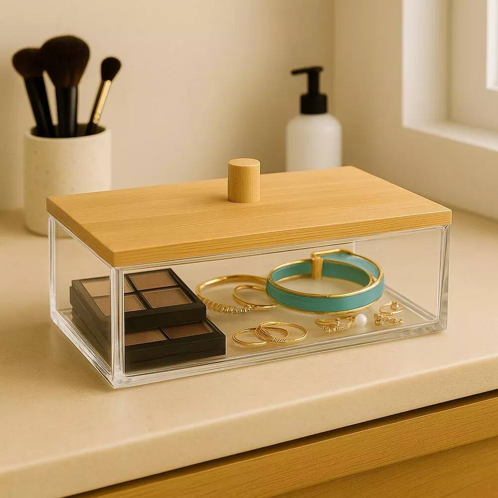 Angle. Elle - Acrylic Makeup Organizer with Bamboo Lid, Clear Nonslip Rectangular Cosmetic Storage Box for Bathroom & Vanity - Clear/Natural Bamboo.