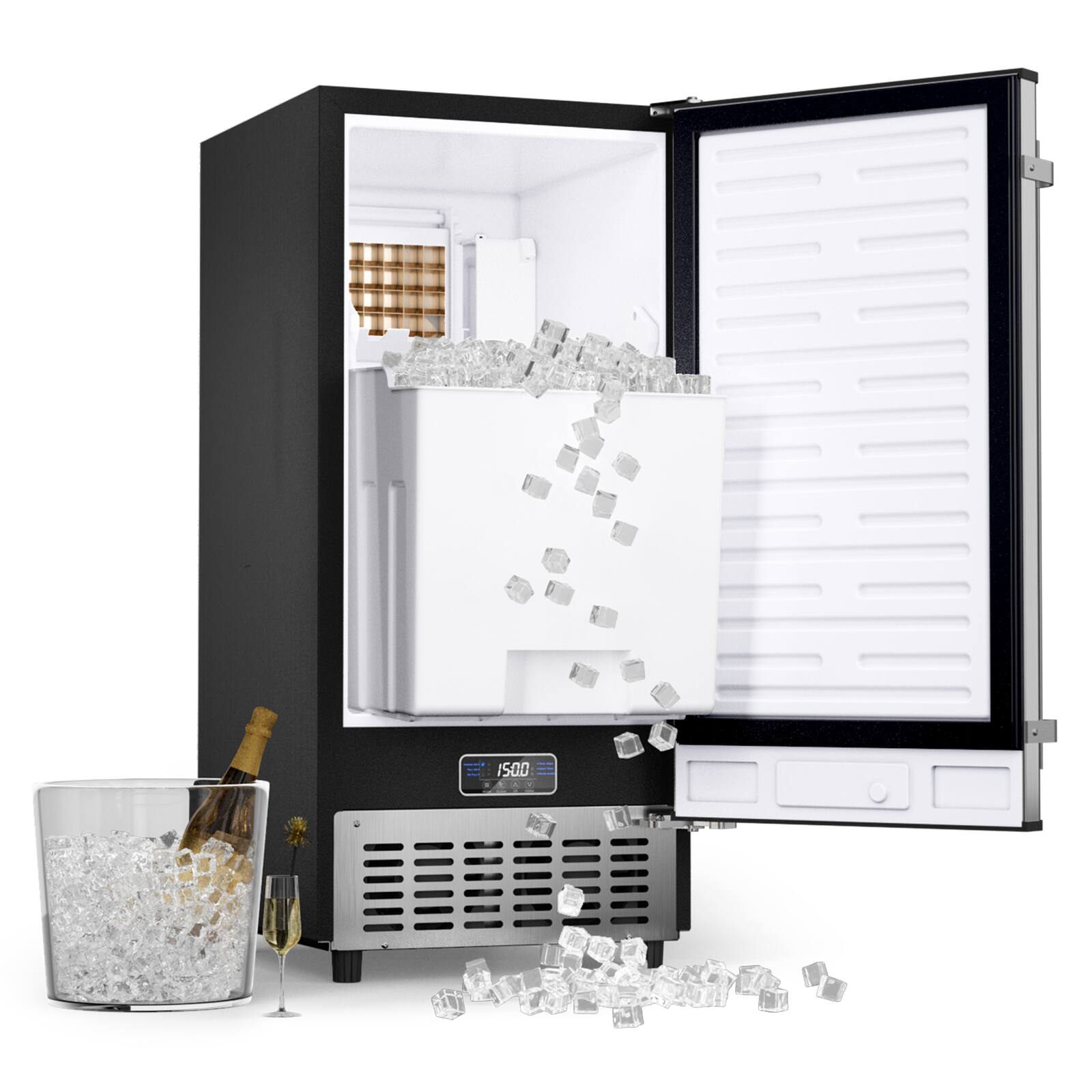 Coolake - 15" Commercial Under-Counter Ice Maker Machine 100lbs/Day with 30lbs Storage Bin - Stainless Steel - Silver