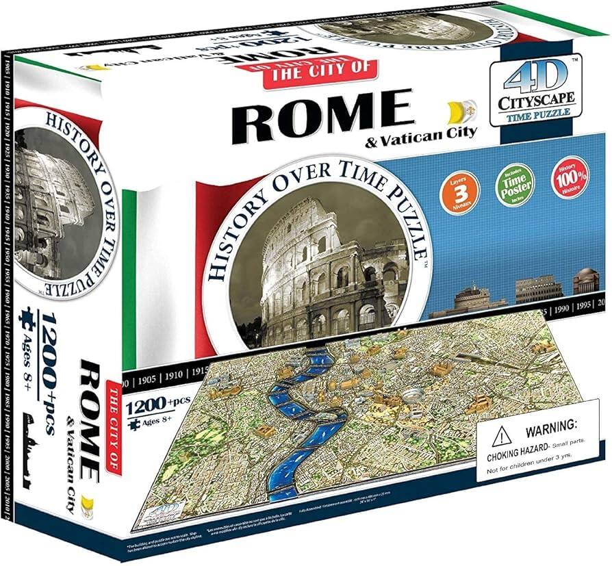 **The City of Rome & Vatican City**

**History Over Time Puzzle**

**4D Cityscape Time Puzzle**

**1200+ pcs**

**Ages 8+**

**3 Layers**

**100% Lasers Cut**

**Time Poster Included**

**Warning: Choking Hazard - Small parts. Not for children under 3 years.**

**1905 - 1910 - 1915 - 1930 - 1950 - 1960 - 1965 - 1970 - 1980 - 1990 - 1995 - 2000 - 2019**

**History Over Time**

**Rome & Vatican City**

**1200+ pcs**

**Ages 8+**
