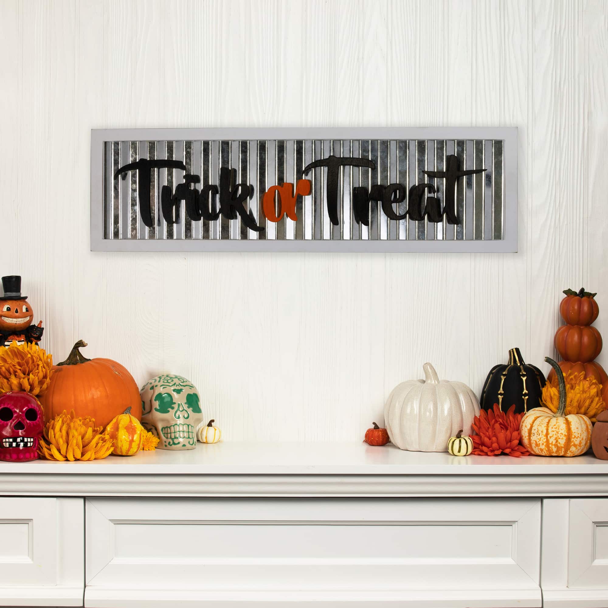 Northlight - Trick or Treat Halloween Wall Sign with Wood Frame - 27.5" - Silver