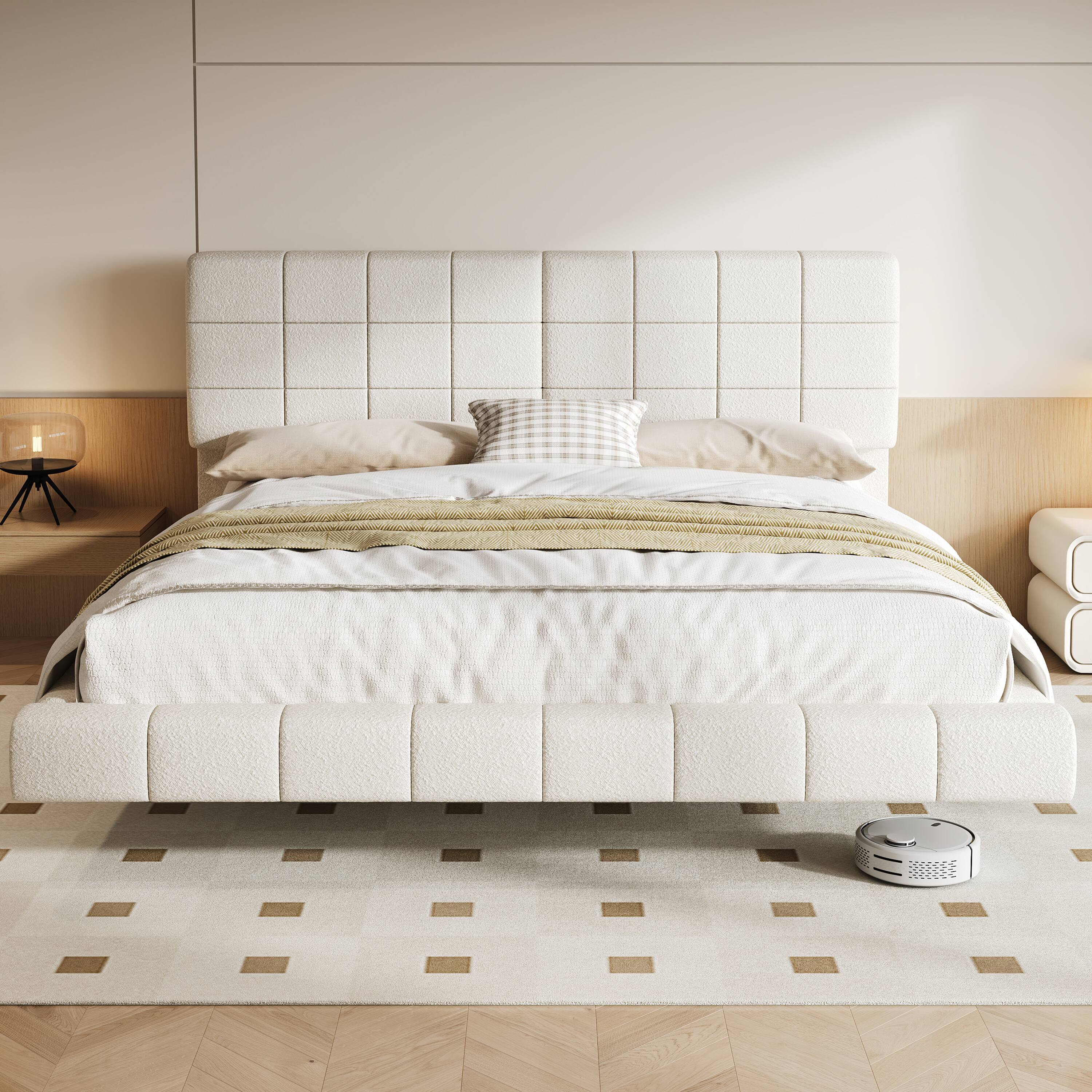 Angle. LUCKY ONE - Queen Size Boucle Floating Bed with Light - White.