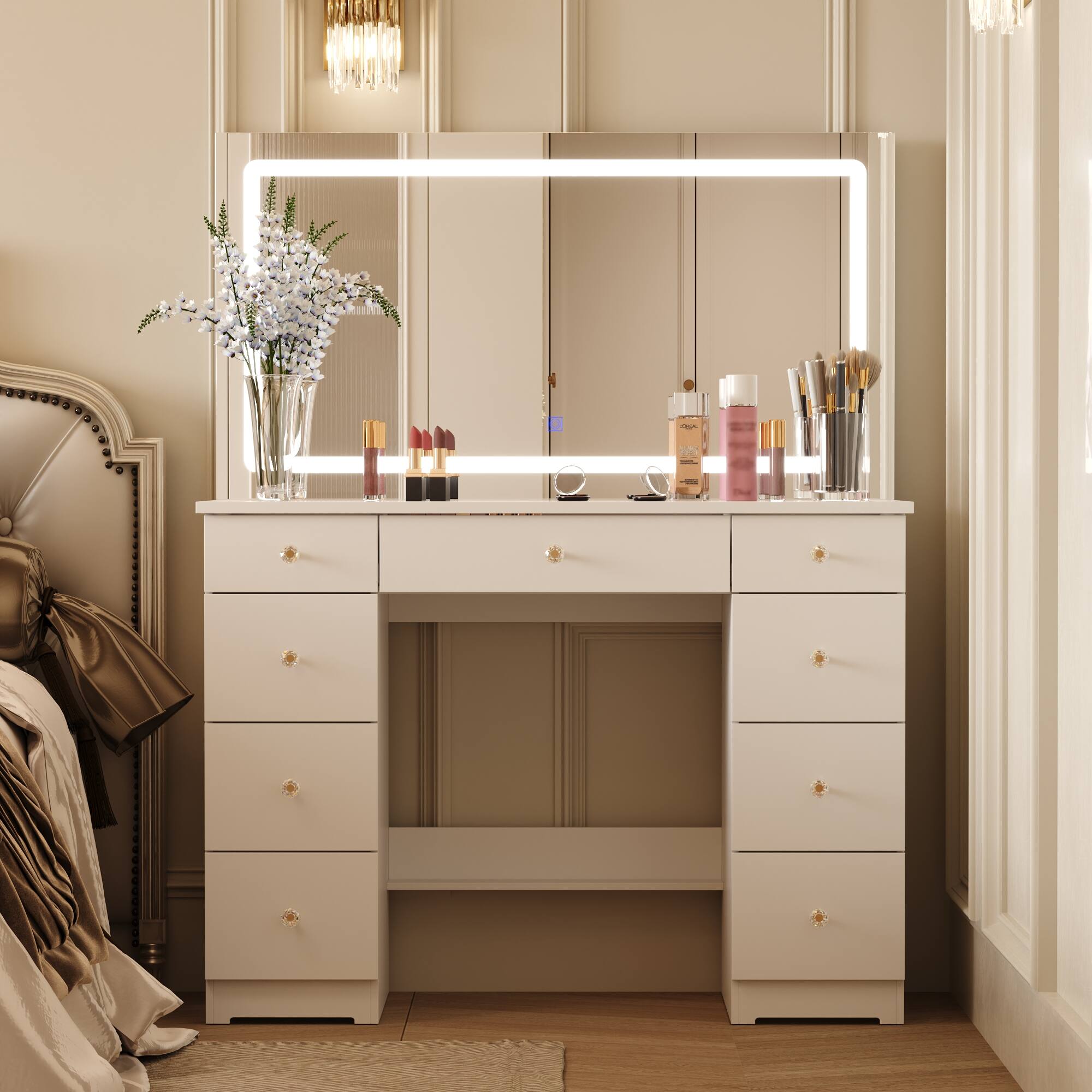 Angle. Famapy - Large  3 - Color Lighting LED Vanity Desk with Oversized Illuminated Mirror Ample Storage Drawers & Crystal Knobs - White.