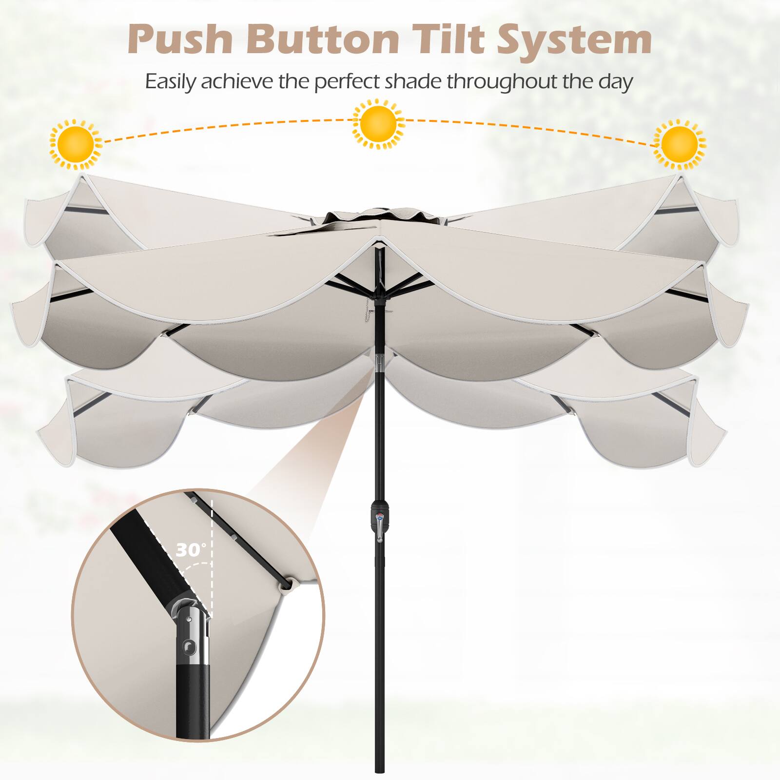 Push Button Tilt System  
Easily achieve the perfect shade throughout the day