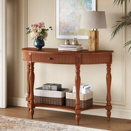 Z-Edge - Solid Wood Half Moon Console Table with Drawer and Shelf, Fluted Vintage Curved Entryway Table for Hallway, Living Room - Walnut