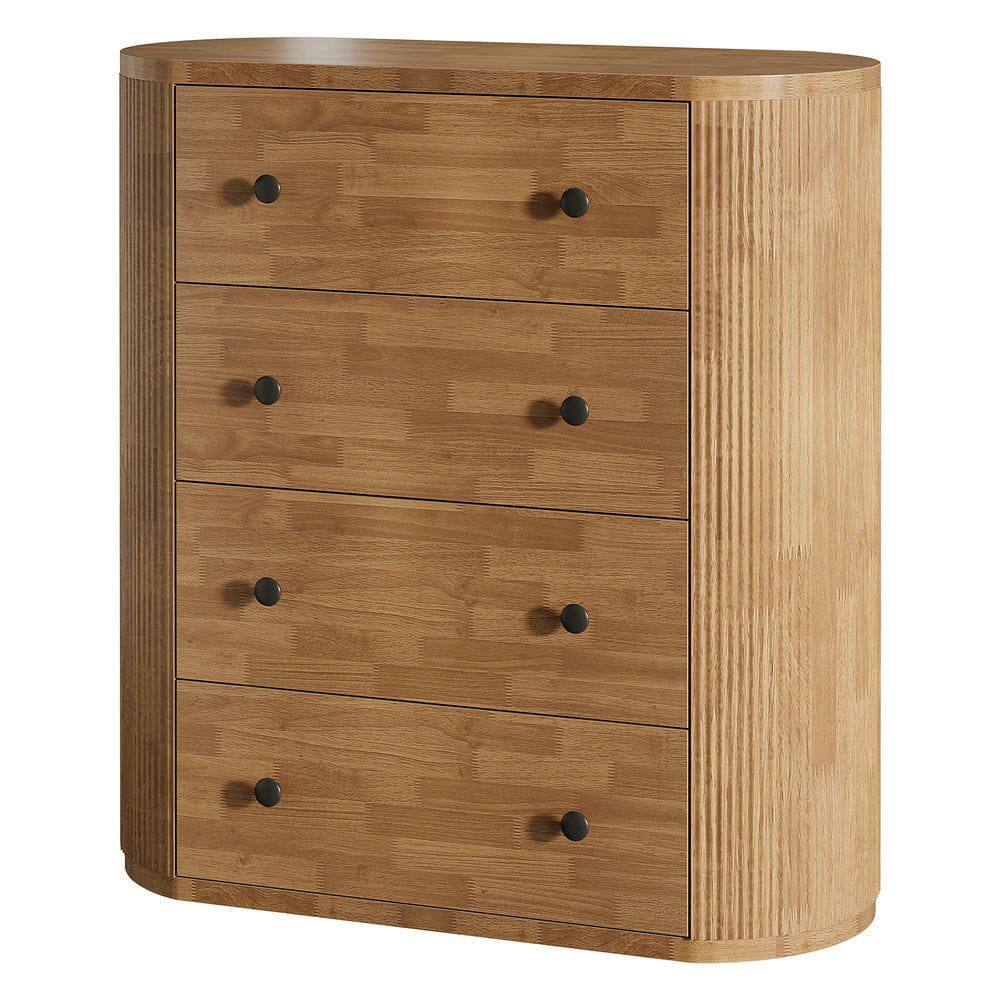 Angle. Kadyn - 39.4" Wooden 4-Drawer Chest Dresser, Fluted Storage Cabinet Organizer, Black Knobs - Brown.