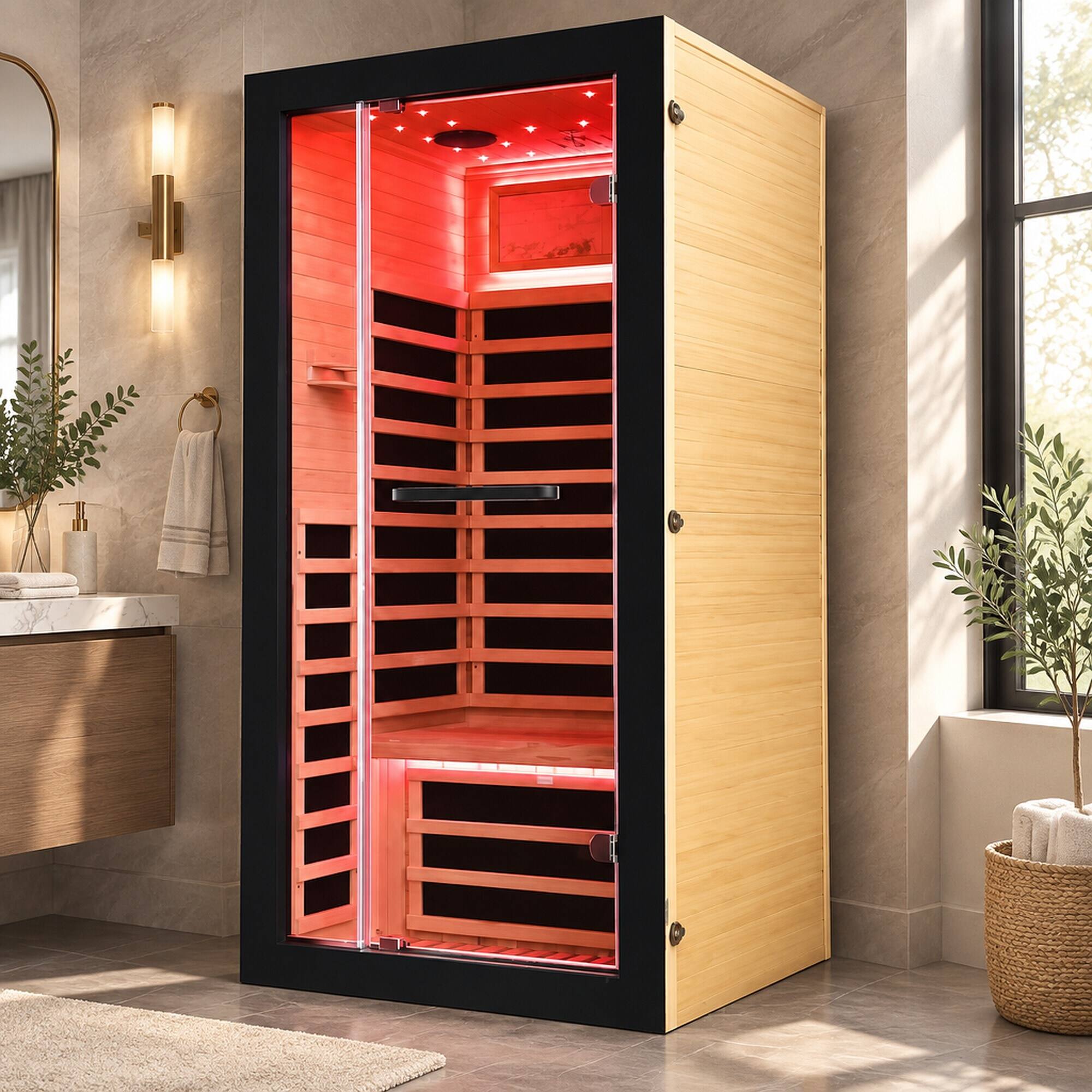 Back. RYHNUYNE - Single-Person Sauna Room, 900x900x1800mm, 1350W, 7 Epoxy Heating Plates, AUS Wood, LED Starry Sky - Ameican White Oak,Black Woodgrain.