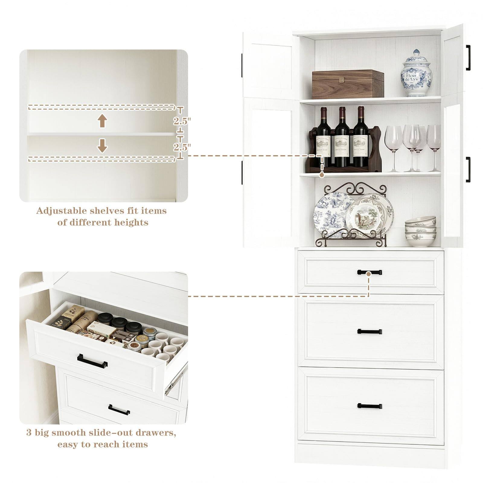 Adjustable shelves fit items of different heights

3 big smooth slide-out drawers, easy to reach items