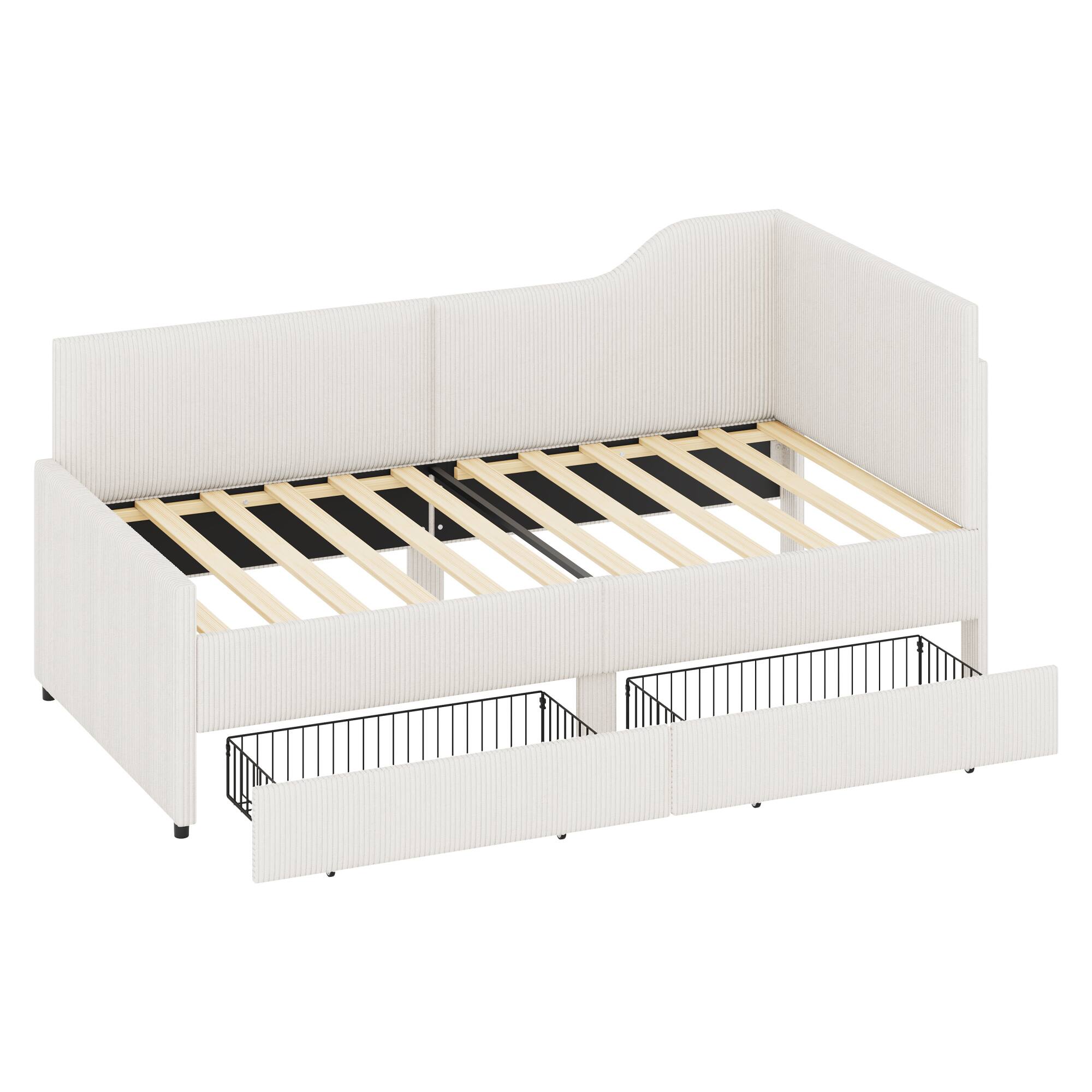 Alt View 5. GOODSILO - Twin Size L-Shaped Upholstered Daybed with Storage Drawers, Corduroy Fabric, Beige Finish - Beige.