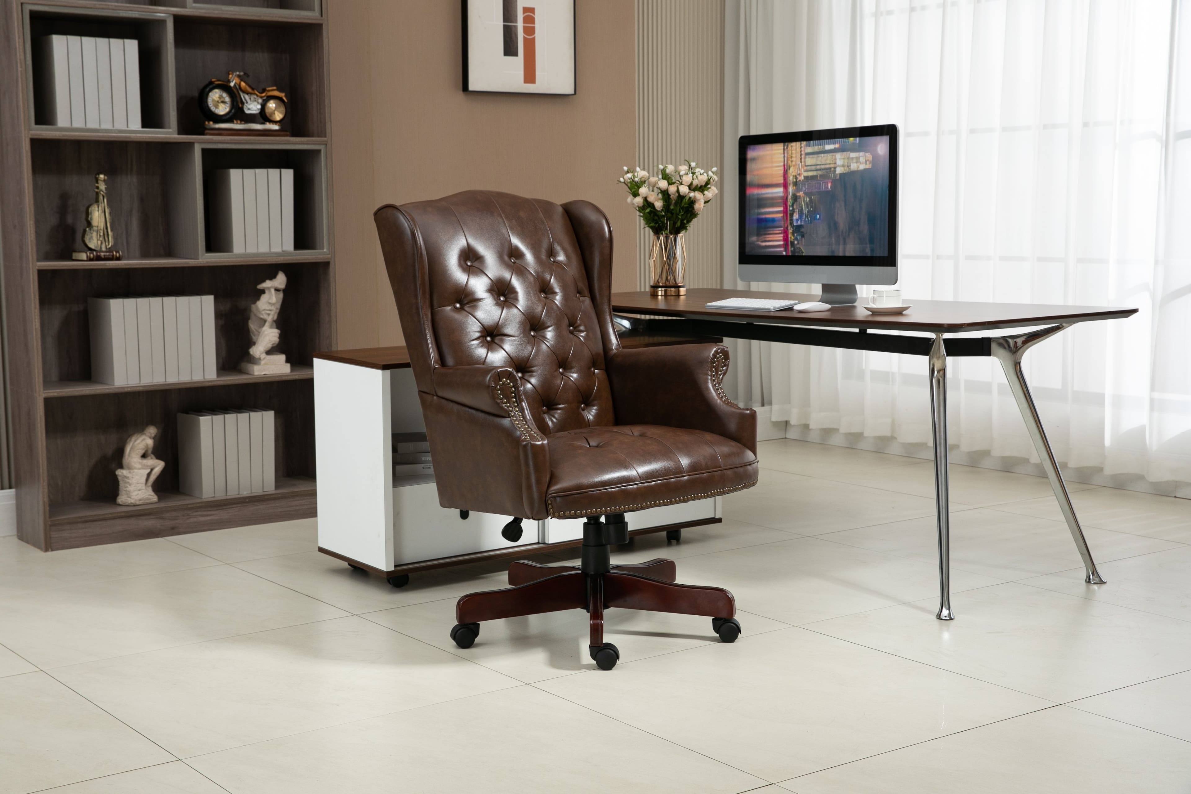 APRILSOUL - Executive Office Chair High Back Recline PU Leather Rolling - Brown