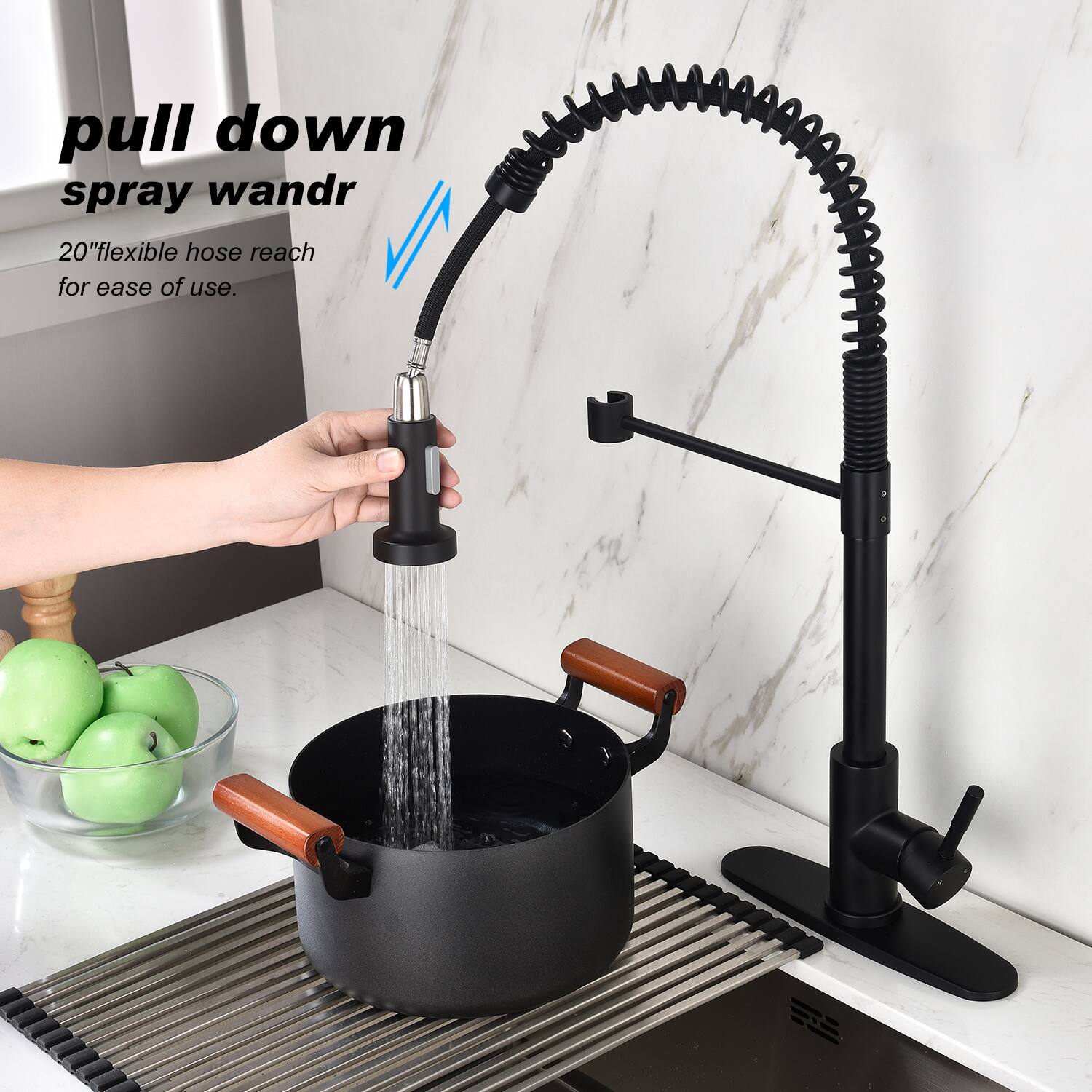 pull down spray wand  
20" flexible hose reach for ease of use.