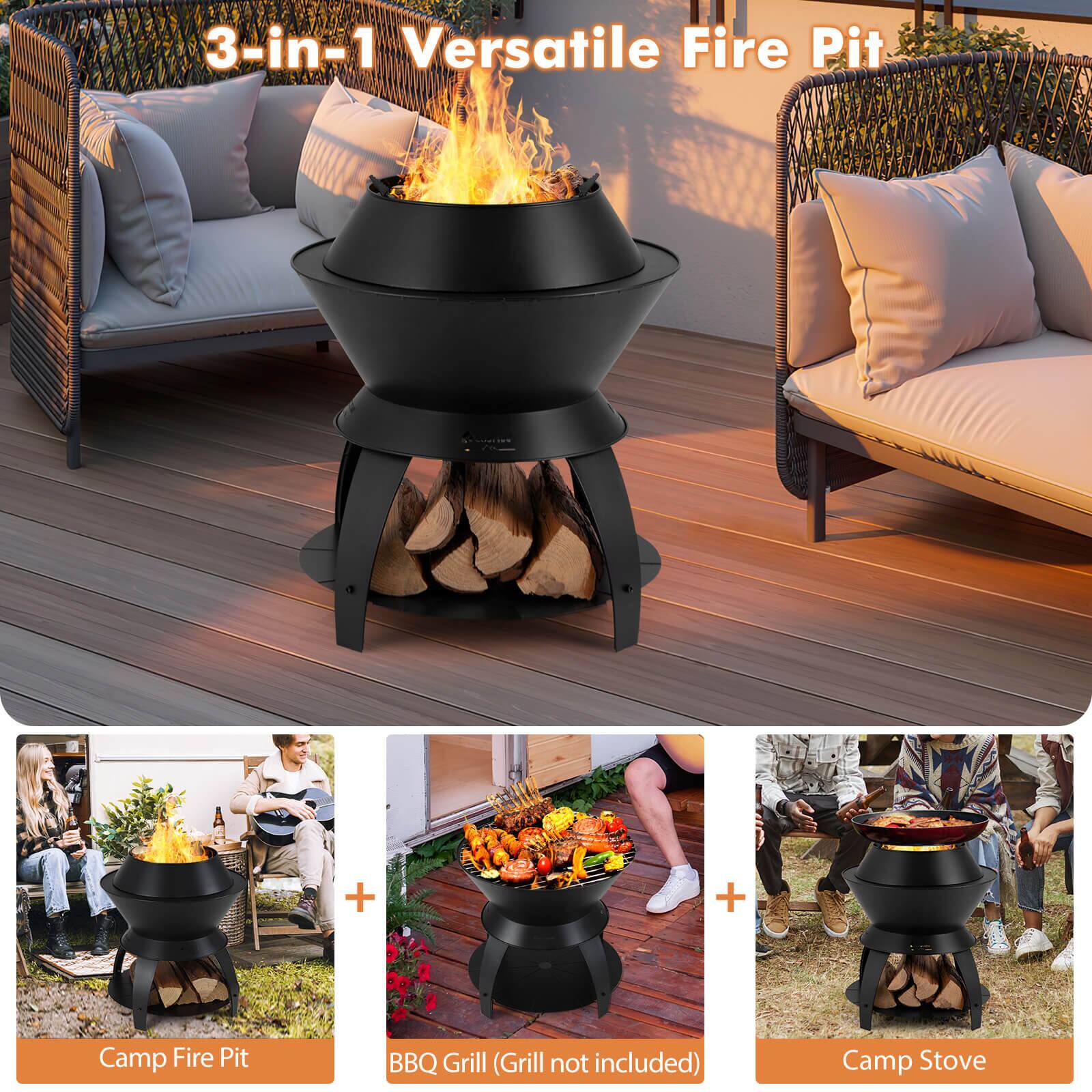 3-in-1 Versatile Fire Pit + Camp Fire Pit + BBQ Grill (Grill not included) + Camp Stove