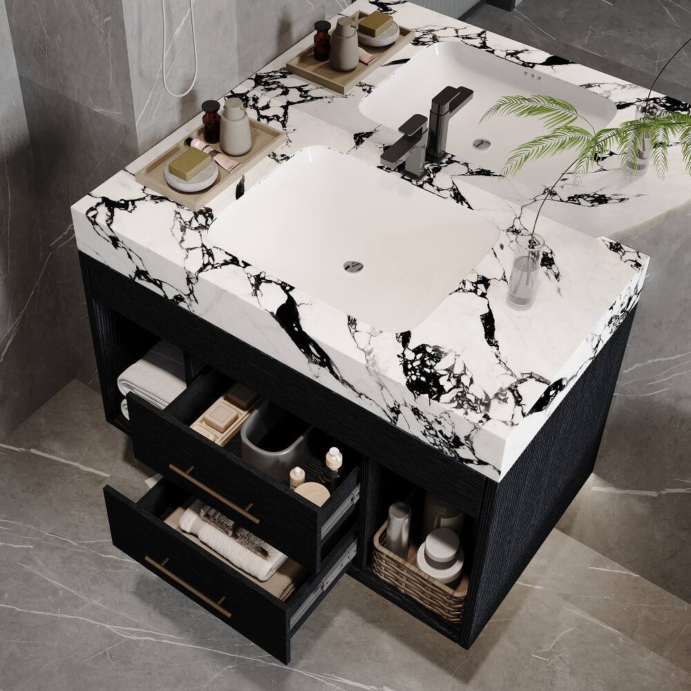 Left. Loheer - Loheer 29.9 inch floating bathroom vanity with sintered stone top and ceramic undermount sink for small bathrooms - Black.