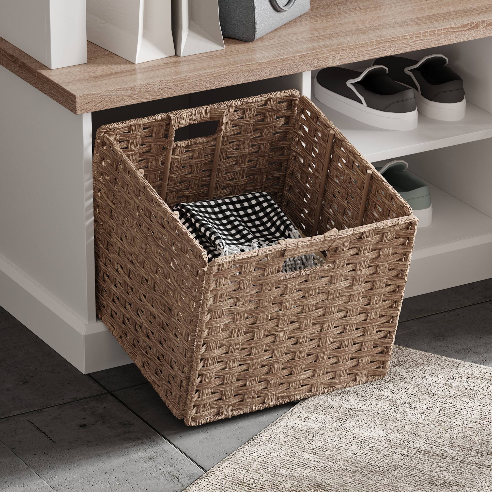 Alt View 4. FUFU & GAGA - Hall Tree with Coat Rack Shoe Storage Bench and Natural Rattan Baskets for Entryway Organization - White & Wooden.