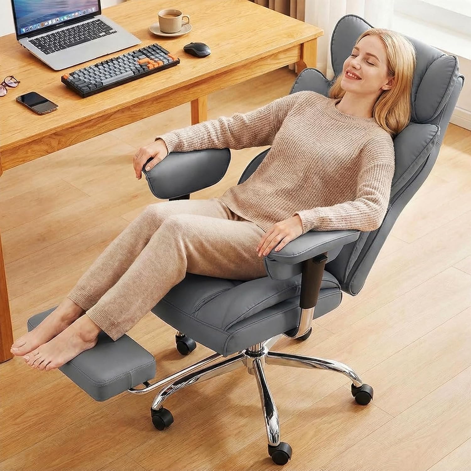 Angle. Sweet - High Back Executive Office Chair with Footrest and Adjustable Armrests , Big and Tall PU Leather Gaming Chair, Gray - Gray.