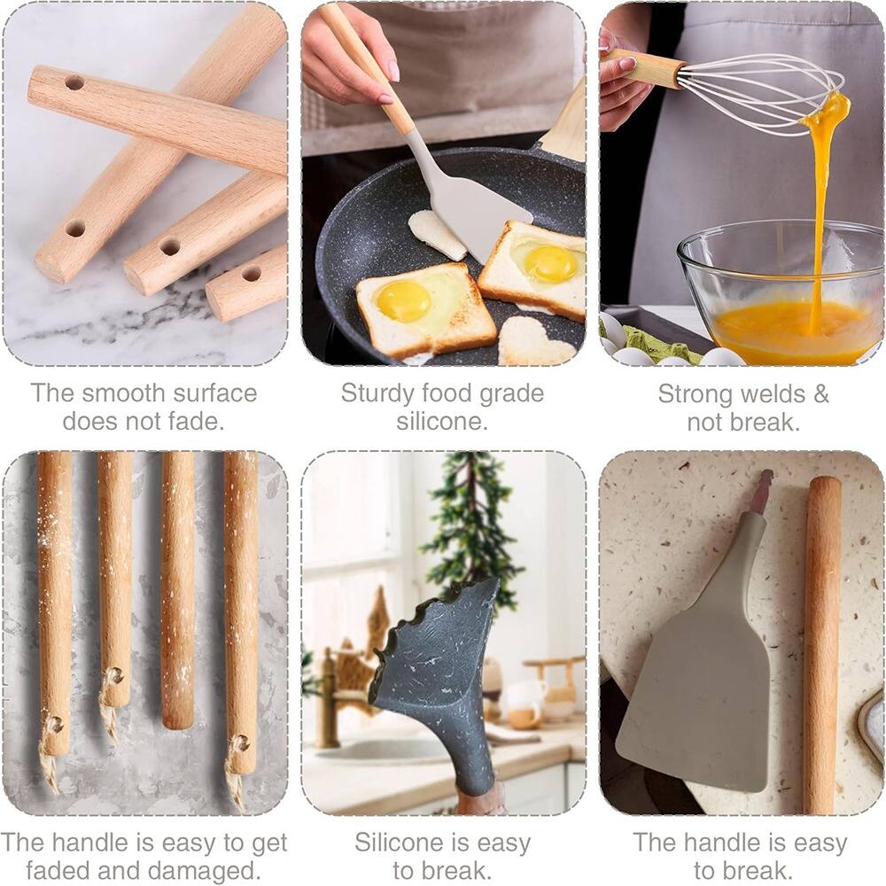 1. The smooth surface does not fade.
2. Sturdy food grade silicone.
3. Strong welds & not break.
4. The handle is easy to get faded and damaged.
5. Silicone is easy to break.
6. The handle is easy to break.