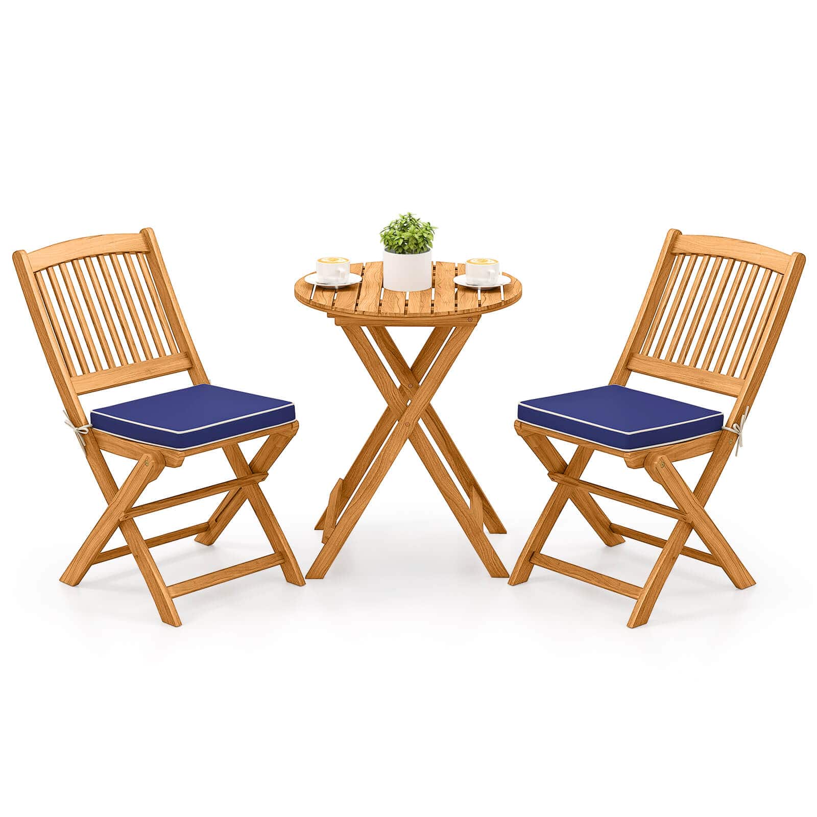 Front. Costway - 3 PCS Acacia Wood Patio Bistro Set Folding Table & Chairs Set with Cushions - Natural,Navy.