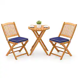 Costway - 3 PCS Acacia Wood Patio Bistro Set Folding Table & Chairs Set with Cushions - Natural,Navy