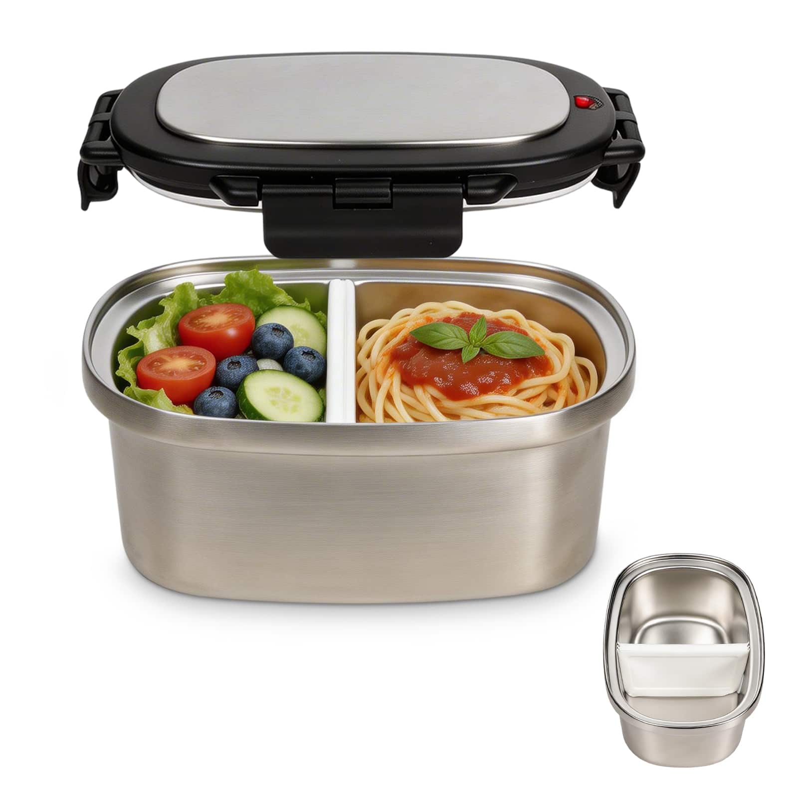 KOOMADE - 304 Stainless Steel Divided Insulated Bento Box, Leakproof Lunch Box 4H Warm 8H Cold Container with Thermal Bag - Silver Lunch Box with Black Lid