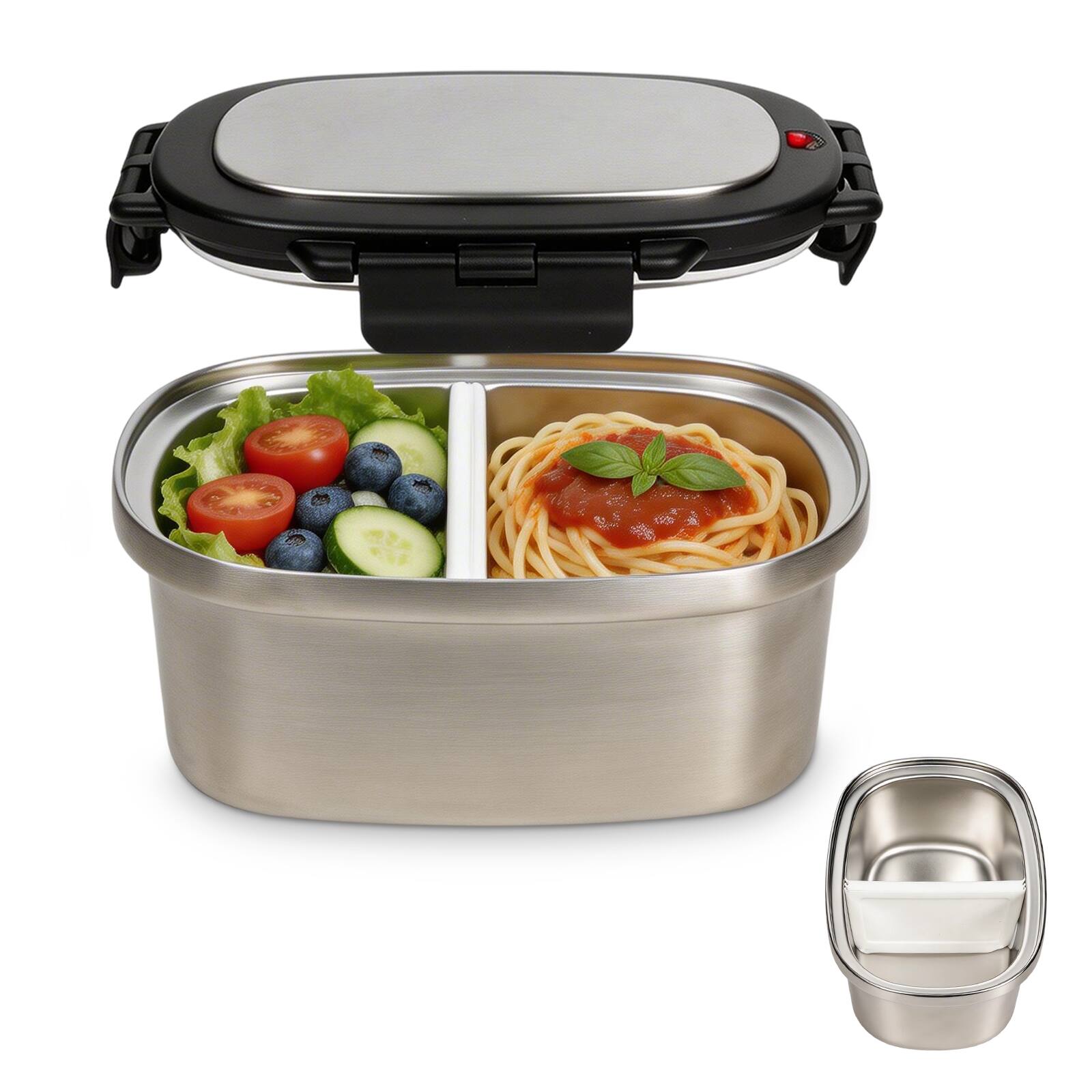 KOOMADE - 304 Stainless Steel Divided Insulated Bento Box, Leakproof Lunch Box 4H Warm 8H Cold Container with Thermal Bag - Silver Lunch Box with Black Lid