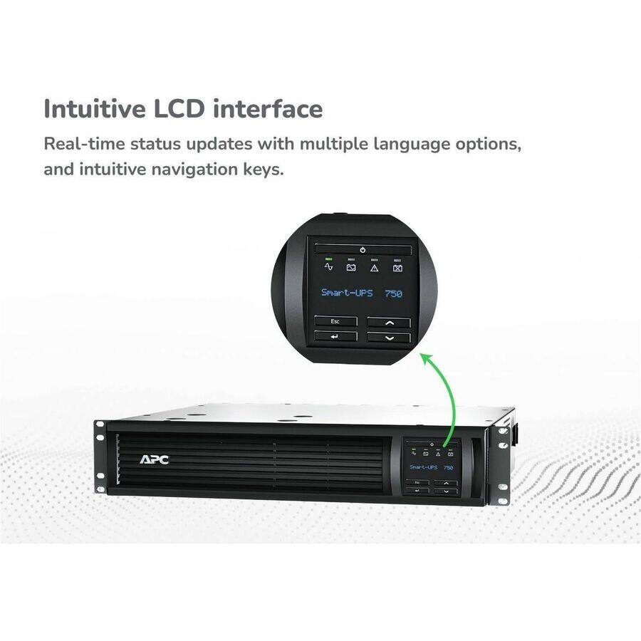 Intuitive LCD interface  
Real-time status updates with multiple language options, and intuitive navigation keys.  

F.R Smart-UPS 750  
APC Smart-UPS 750