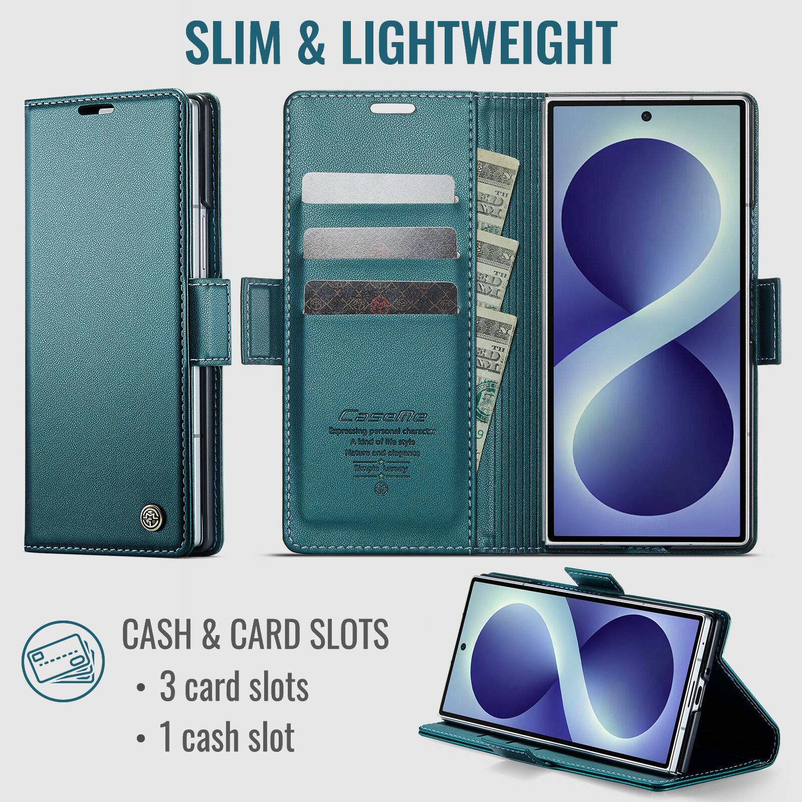SLIM & LIGHTWEIGHT

Caseme Expressing personal character and lifestyle Noturo and conogole

CASH & CARD SLOTS
- 3 card slots
- 1 cash slot