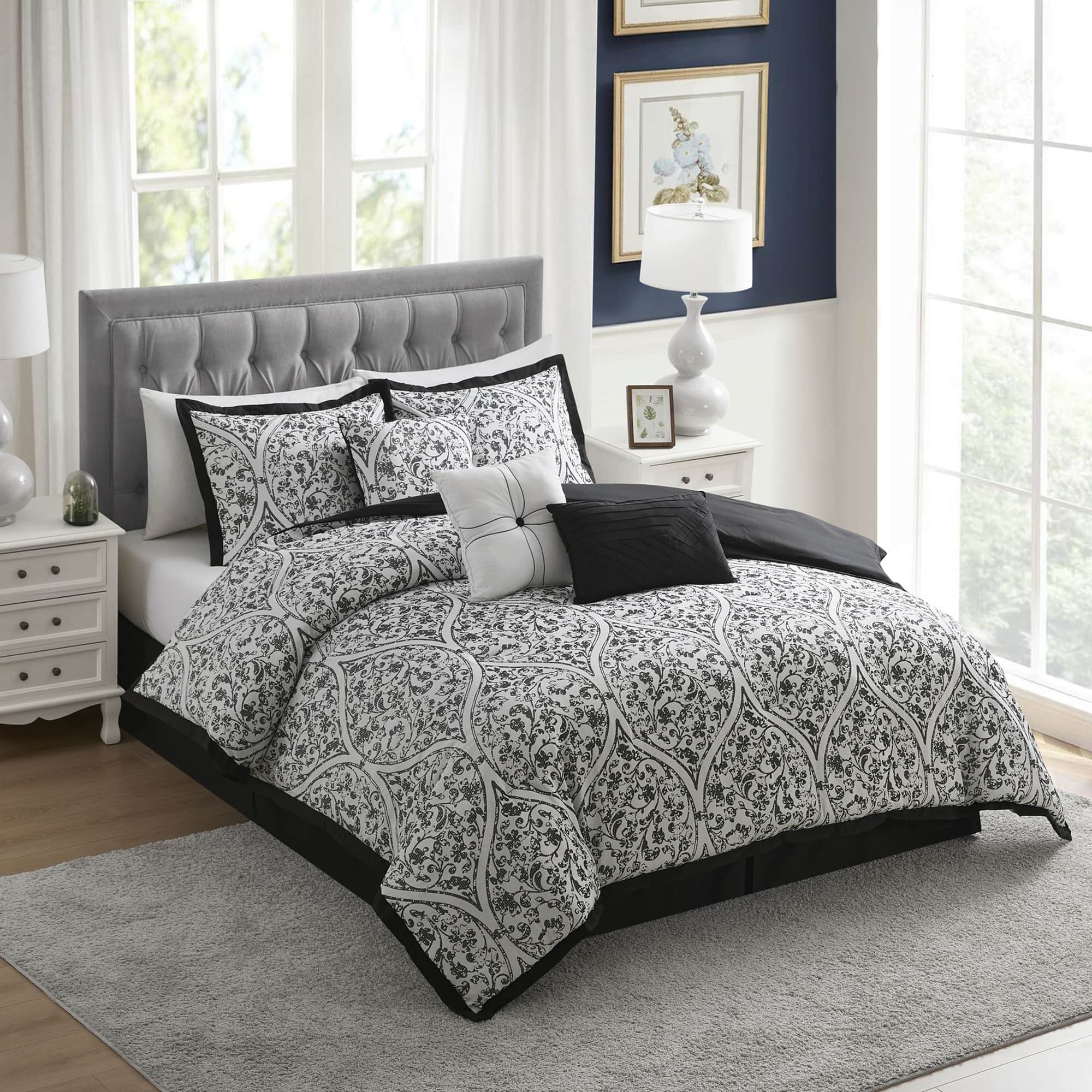 Front. Sweet Home Collection - Trieste 7 Piece Comforter & Decorative Pillow Set - King - Black.