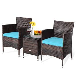 Costway - Outdoor 3 PCS Rattan Wicker Furniture Sets Chairs Coffee Table Garden - Blue