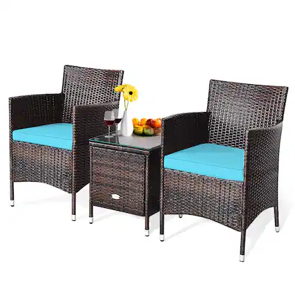 Front. Costway - Outdoor 3 PCS Rattan Wicker Furniture Sets Chairs Coffee Table Garden - Blue.