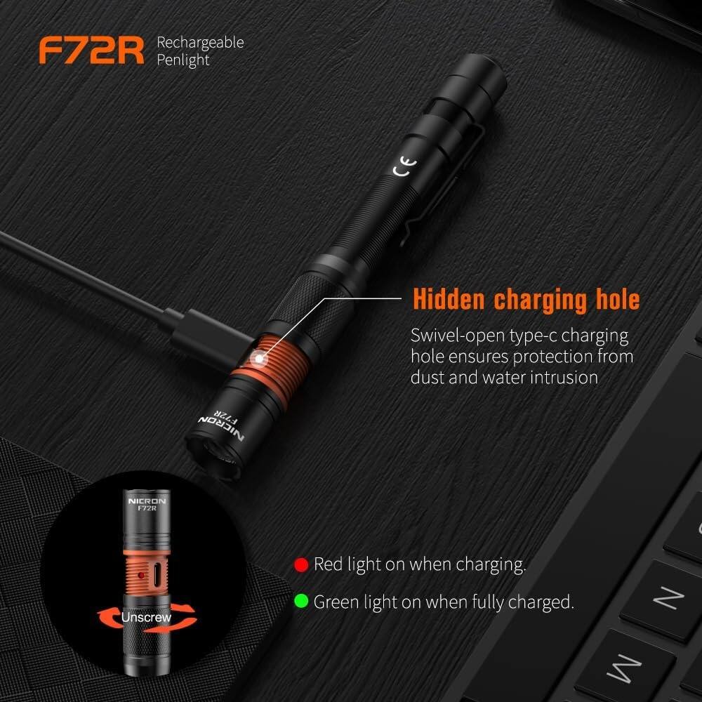 F72R Rechargeable Penlight

Hidden charging hole
Swivel-open type-c charging hole ensures protection from dust and water intrusion

Red light on when charging.
Green light on when fully charged.