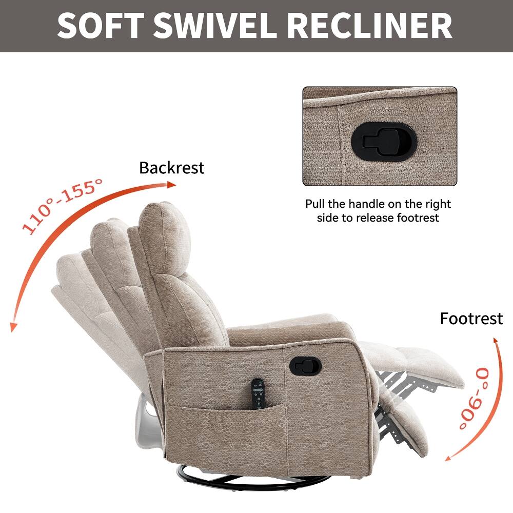 SOFT SWIVEL RECLINER

Backrest 110-155°

Pull the handle on the right side to release footrest

Footrest 0-90°